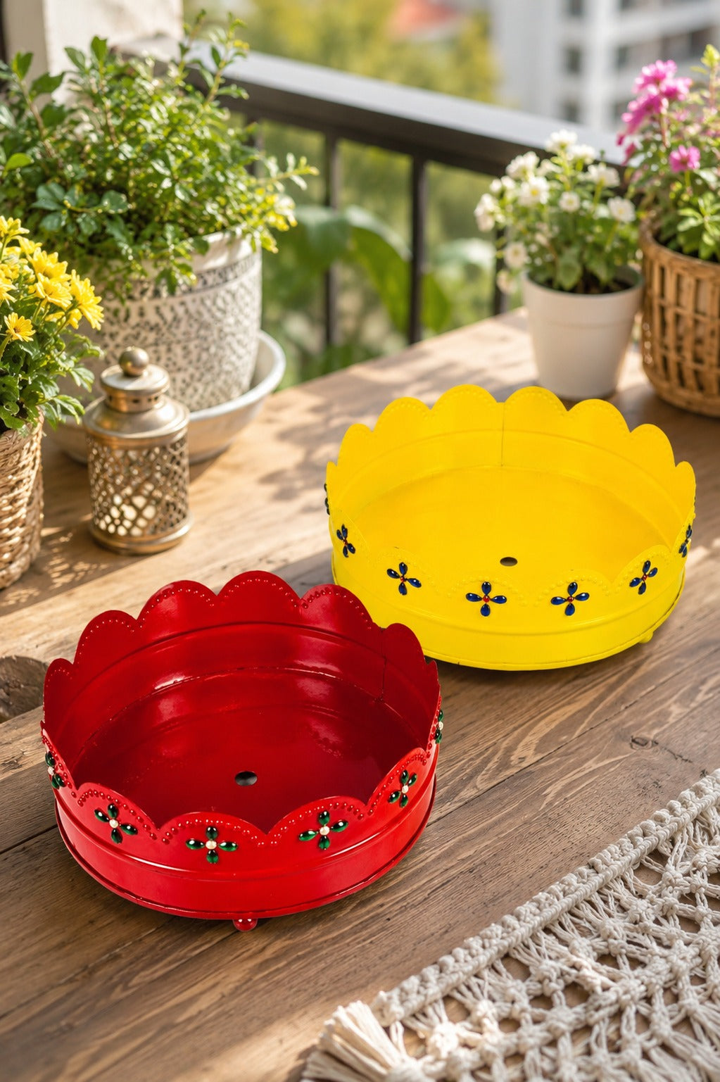 Premium Decorative Metal Tray Set of 2 | Round Multipurpose Gift Hamper Basket | Red & Yellow Floral Serving Trays | Fruit, Dry Fruit, Pooja & Home Decor Tray