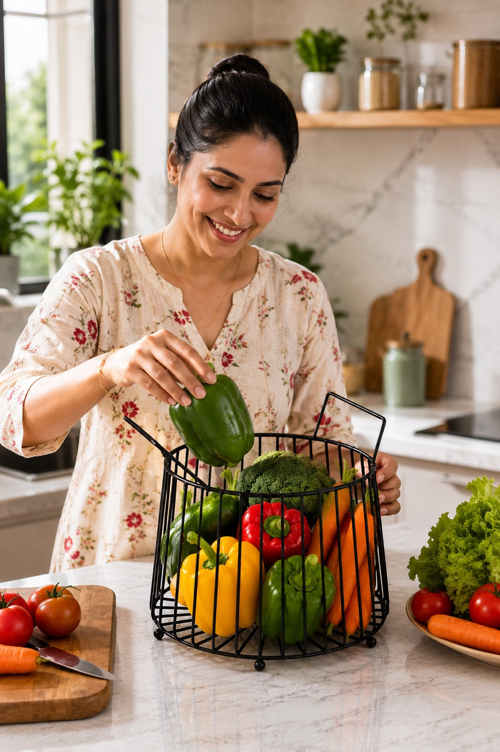 Modern Metal Fruit Basket | Round Wire Storage Basket with Handles | Decorative Kitchen & Dining Table Organizer
