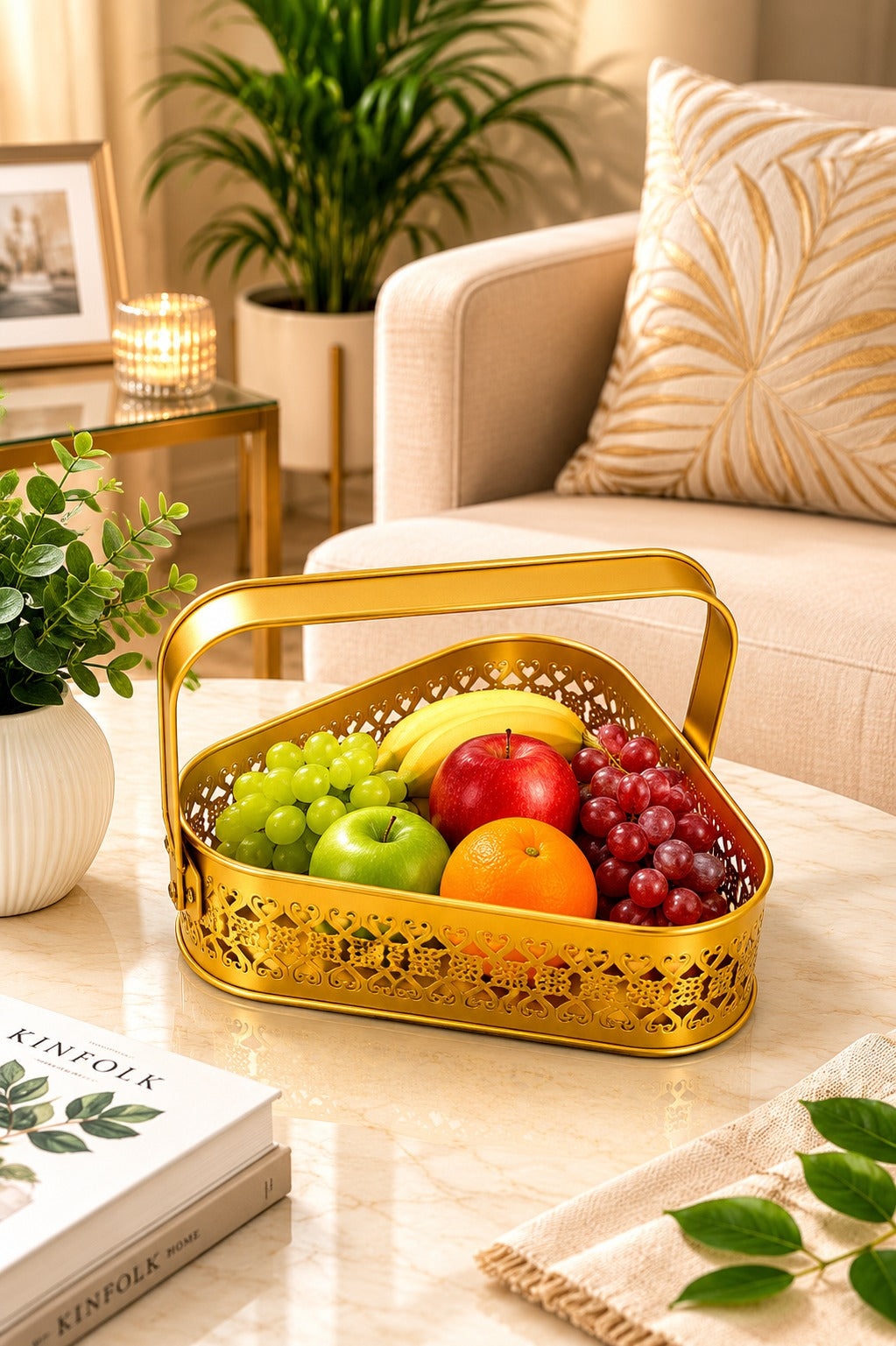 Premium Triangle Metal Basket with Handle (Small) | Decorative Gold Serving Basket | Gift Hamper Basket | Fruit & Dry Fruit Basket | Metal Organizer Tray for Home Décor