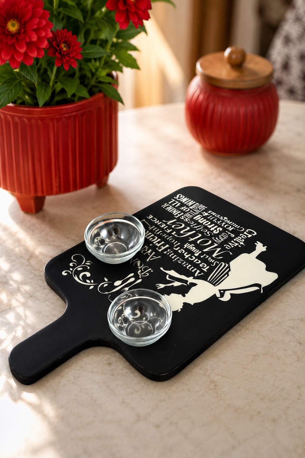 Premium MDF Serving Platter with Handle | Wooden Snack & Pizza Serving Board | Serving Tray with 2 Glass Dip Bowls | Cheese, Burger, Fries & Appetizer Platter | 44 x 25 cm