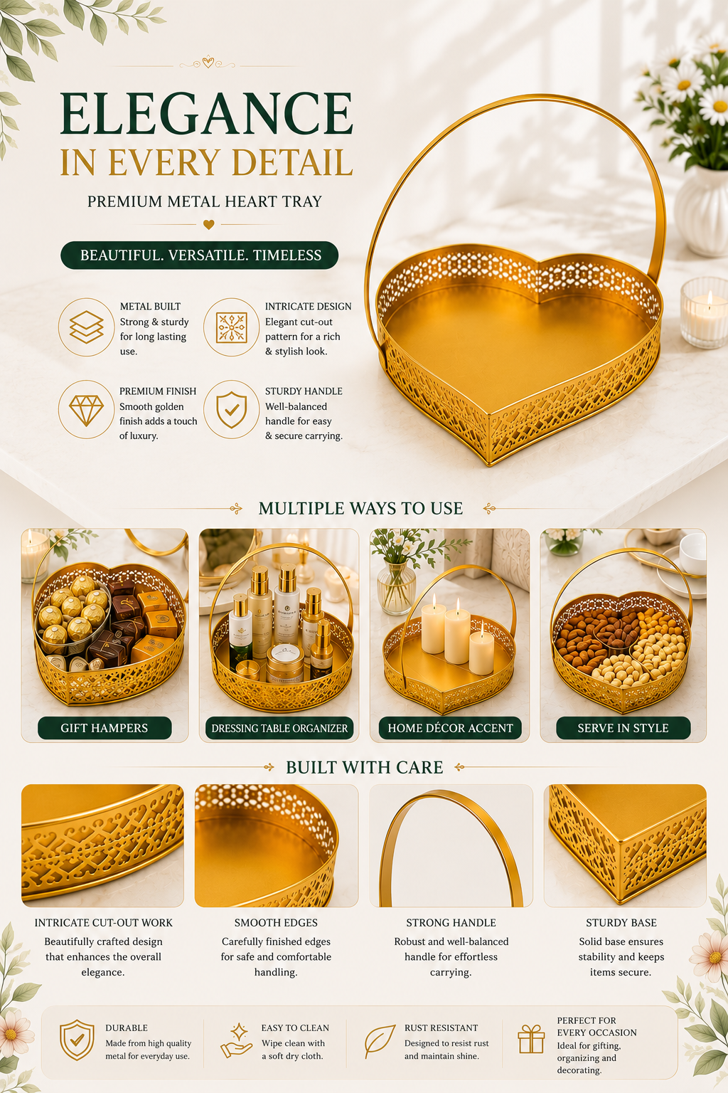 Premium Large Heart-Shaped Metal Gift Hamper Basket with Handle | Decorative Gold Serving Tray for Dry Fruits, Chocolates, Gifts & Festive Hampers | Luxury Organizer for Home Décor, Weddings & Diwali