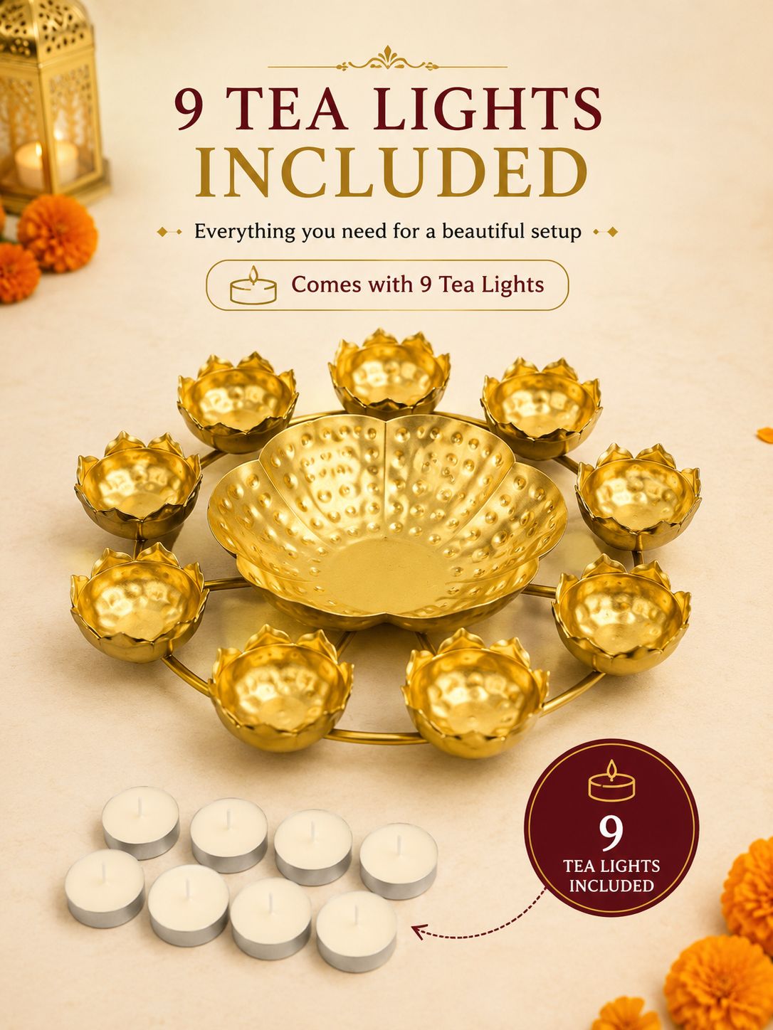 Premium Lotus Urli Bowl with 8 Tea Light Holders | Hammered Metal Decorative Floating Flower Bowl | Gold Finish Centerpiece for Diwali, Pooja, Weddings, Festivals, Home Décor & Gifting