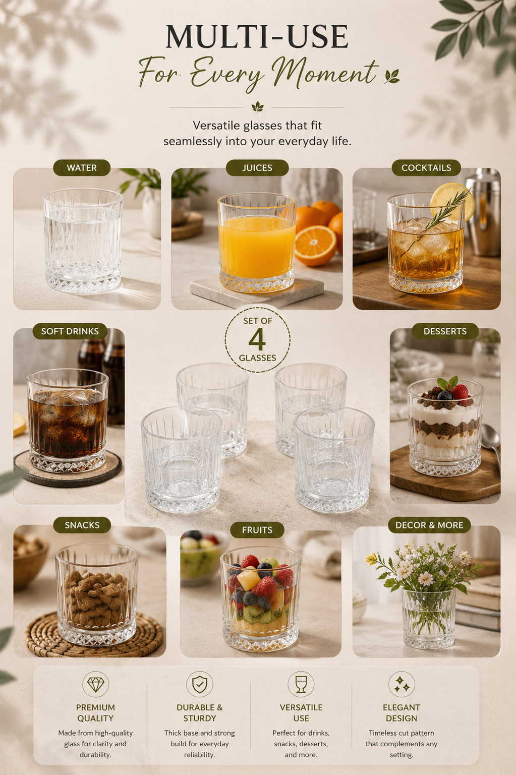 Premium Metal Serving Tray with 4 Crystal Glasses | Round Beverage Serving Set with Decorative Cutout Design & Side Handles | Tea, Juice, Water & Cocktail Glass Set for Home, Dining & Gifting