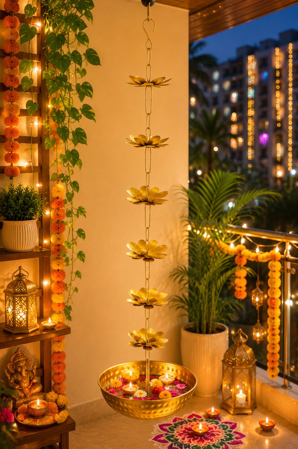 Premium Hanging Lotus Urli Bowl with Decorative Flower Chain | Handcrafted Metal Floating Flower Bowl for Water, Candles & Tea Lights | Hanging Urli for Diwali, Pooja, Wedding & Home Décor