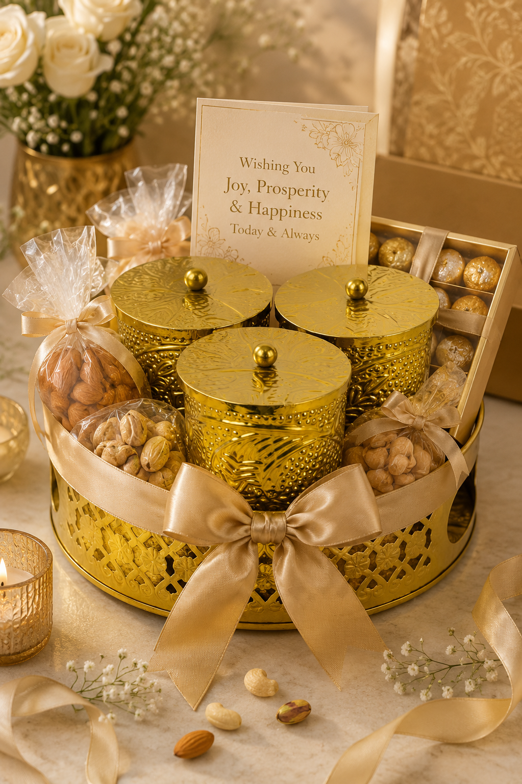 Premium Brass Dry Fruit Container Set with Tray | 3 Storage Jars with Lids | Decorative Brass Serveware | Dry Fruit, Mukhwas, Candy & Spice Organizer | Gift Set