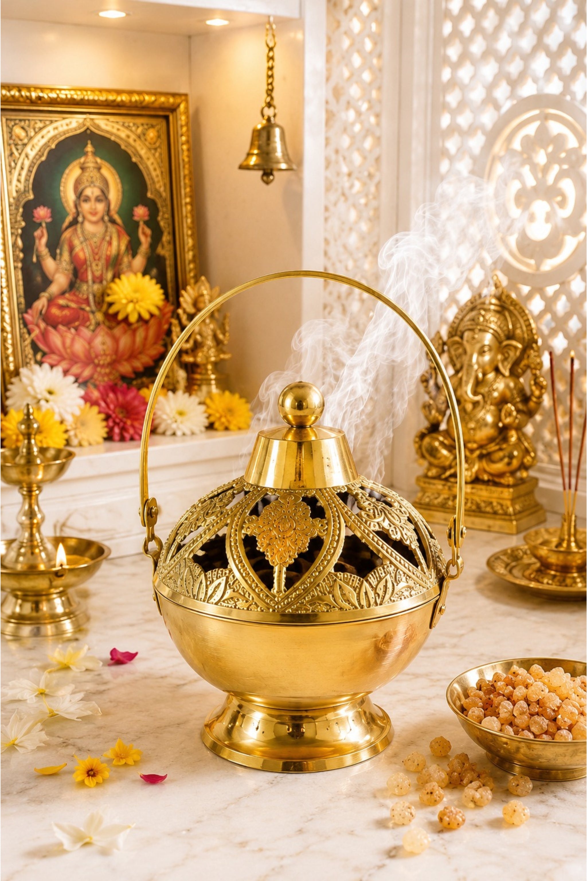 Premium Brass Metal Incense Burner with Handle | Handcrafted Dhoop Dani for Sambrani, Loban, Dhoop Cups & Resin Incense | Decorative Smoke Diffuser for Home, Temple & Pooja Room