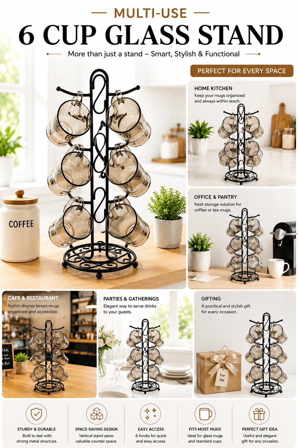 Premium Smokey Glass Mug Set Of 6 With Metal Stand | Transparent Borosilicate Coffee & Tea Cups With Holder | Space Saving Mug Stand For Kitchen & Home