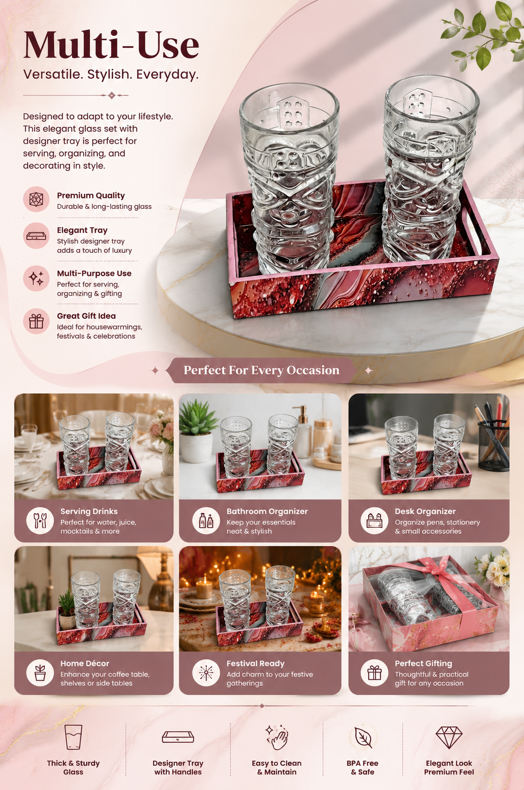 Premium Beer Glass Set with Decorative MDF Serving Tray | 2 Crystal Clear Tall Beer Glasses with Marble Finish Tray | Heavy Drinking Glasses for Beer, Juice, Soft Drinks & Home Bar Gift Set