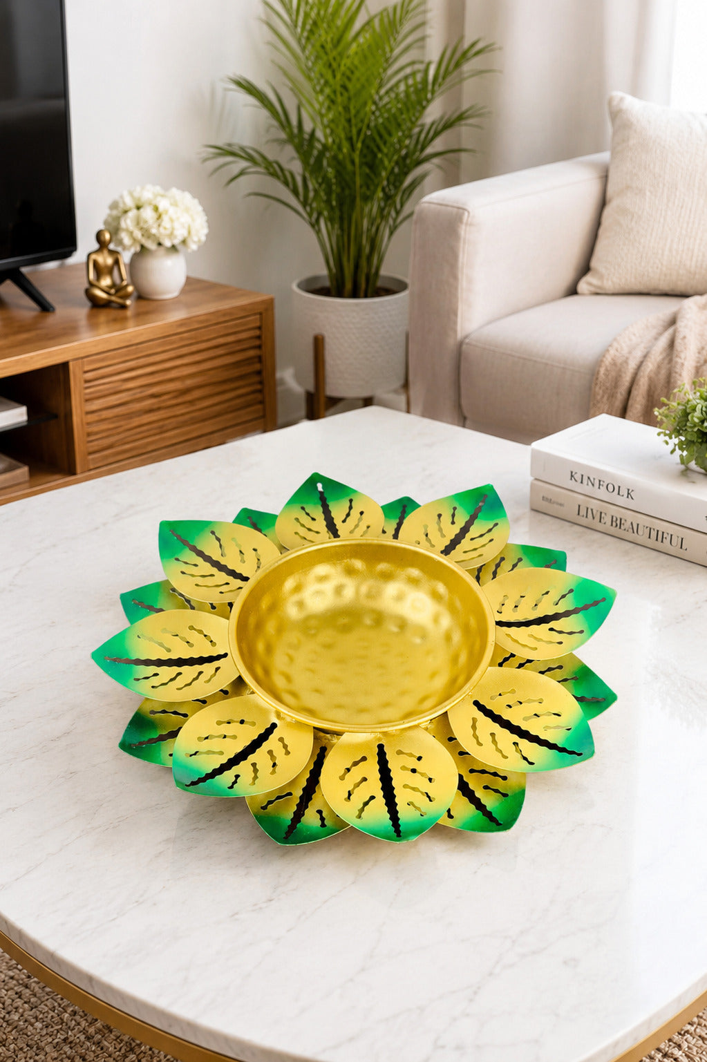 Decorative Lotus Metal Urli Bowl for Floating Flowers & Candles | Antique Finish Festival & Home Decor (Blue Gold)