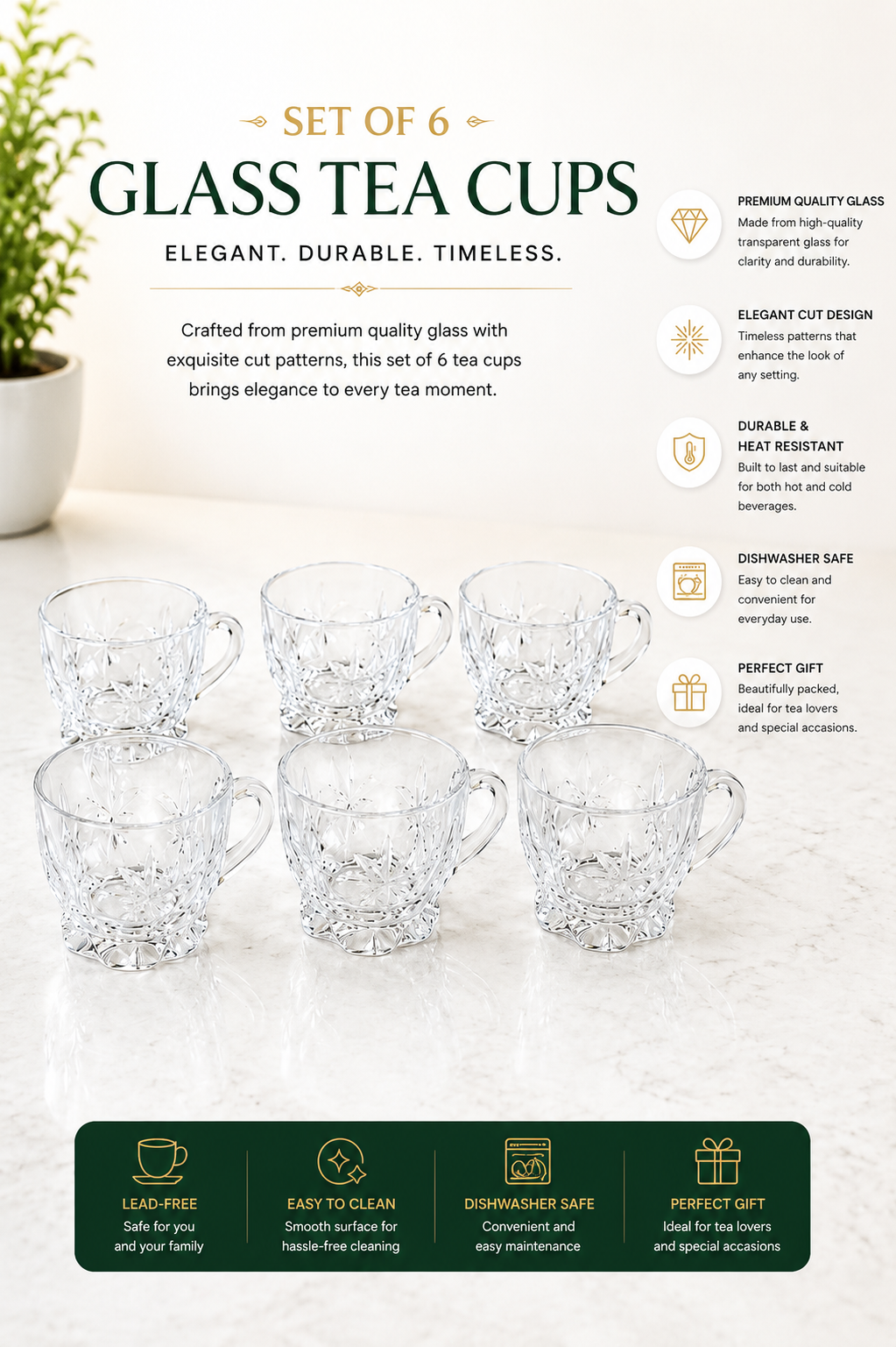 Premium Transparent Glass Cup Set with Metal Stand | 6 Pcs Designer Tea & Coffee Cups | Elegant Clear Glassware with Space-Saving Holder | Modern Drinkware for Home, Kitchen & Gifting