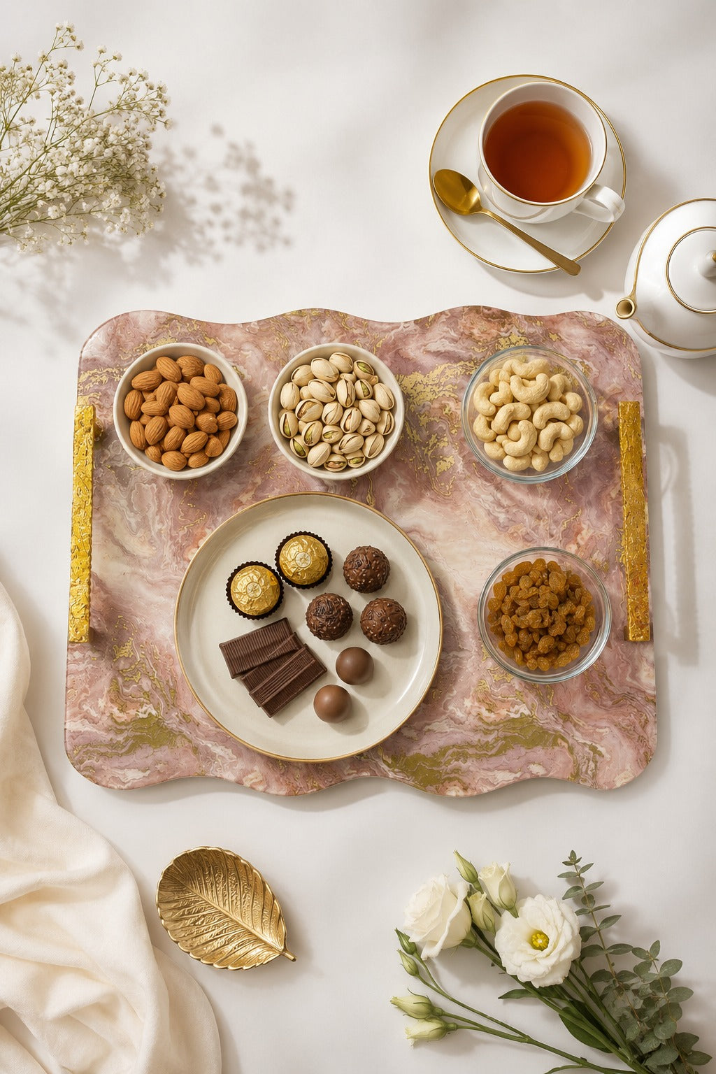 Premium Marble Design MDF Serving Tray with Gold Handles & 2 Glass Bowls | Decorative Multipurpose Snack Serving Platter | Luxury Tea Coffee Serving Board for Home, Parties & Gifting