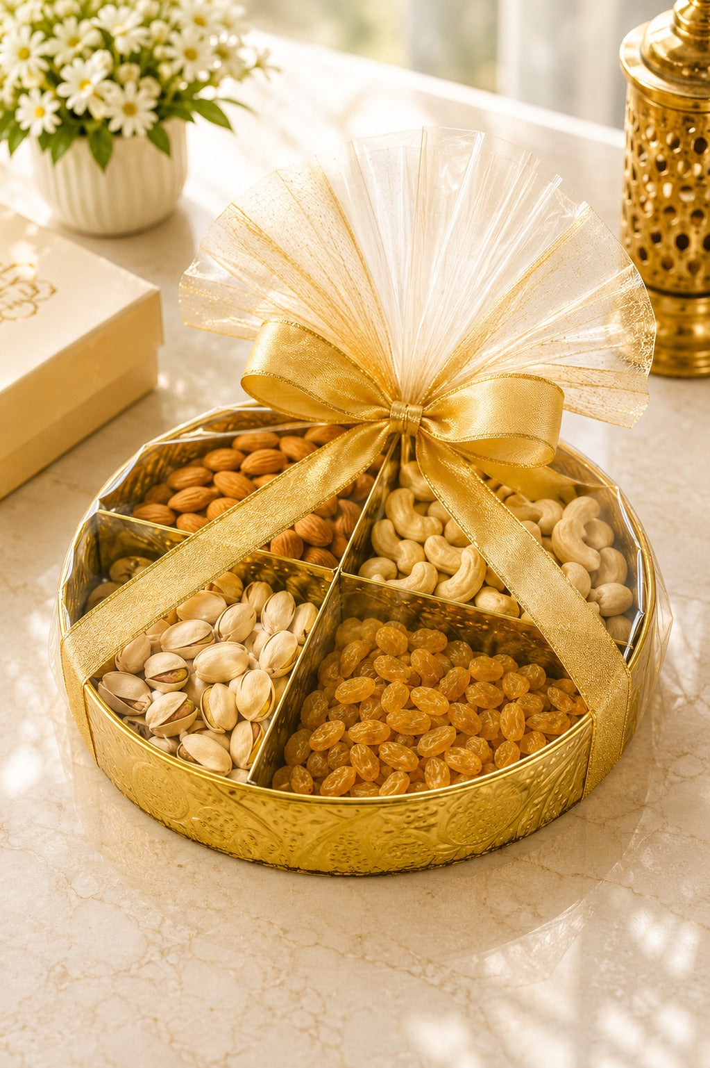Premium Brass Dry Fruit Serving Tray with 4 Compartments | Round Brass Snack Platter | Dry Fruit, Namkeen, Candy & Mukhwas Organizer | Decorative Serving Tray | Festive Gift