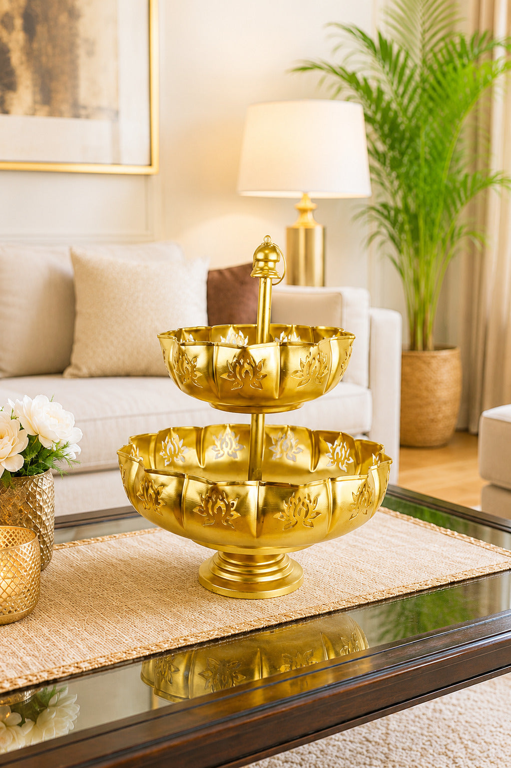 Premium Dual Layer Metal Urli Bowl | 2-Tier Decorative Floating Flower Urli for Water, Candles & Tea Lights | Traditional Pooja Urli for Diwali, Wedding, Home & Festive Decoration