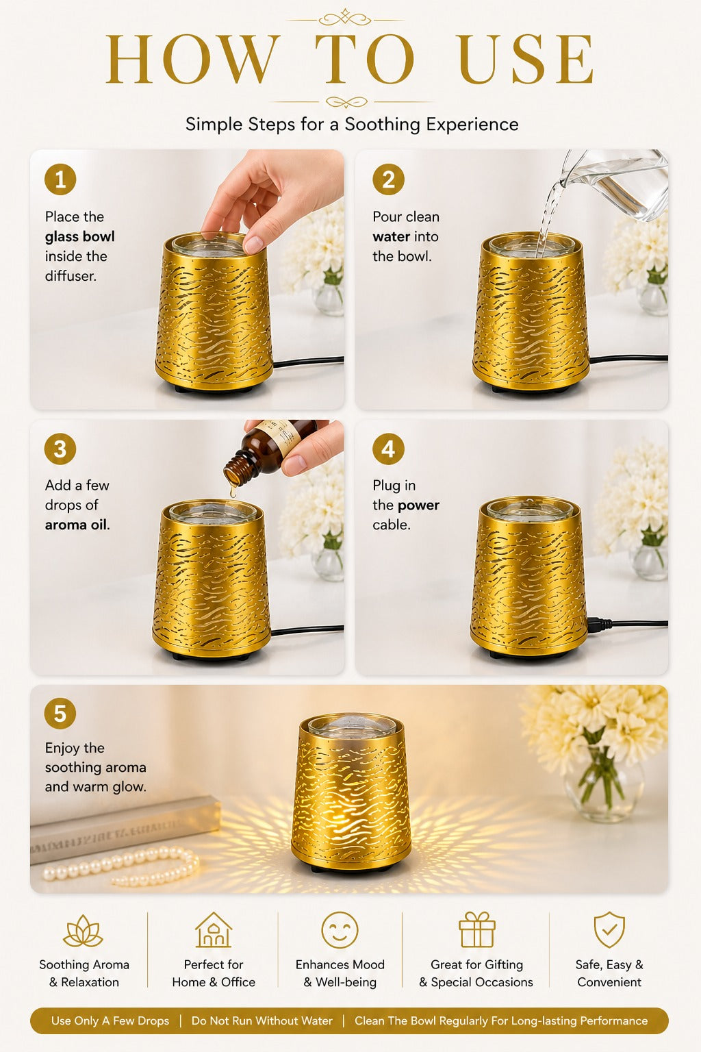 Electric Metal Aroma Diffuser Lamp With Glass Bowl | Premium Cutwork Design | Home Decor & Fragrance Burner With Free 10 Ml Aroma Oil & 2 Bulbs