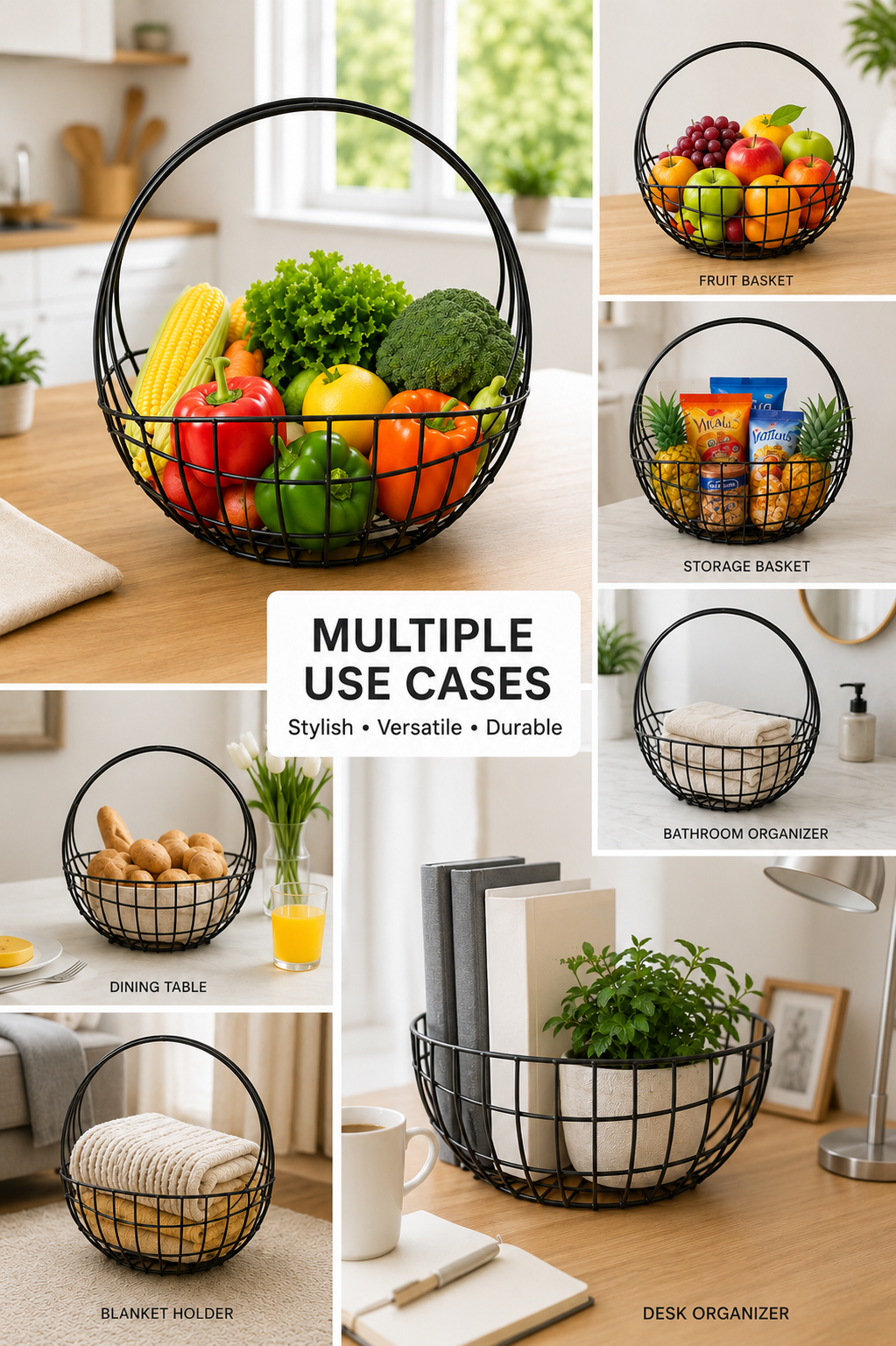 Modern Metal Fruit Basket with Arch Handle | Semi Round Wire Storage Basket | Kitchen & Dining Organizer