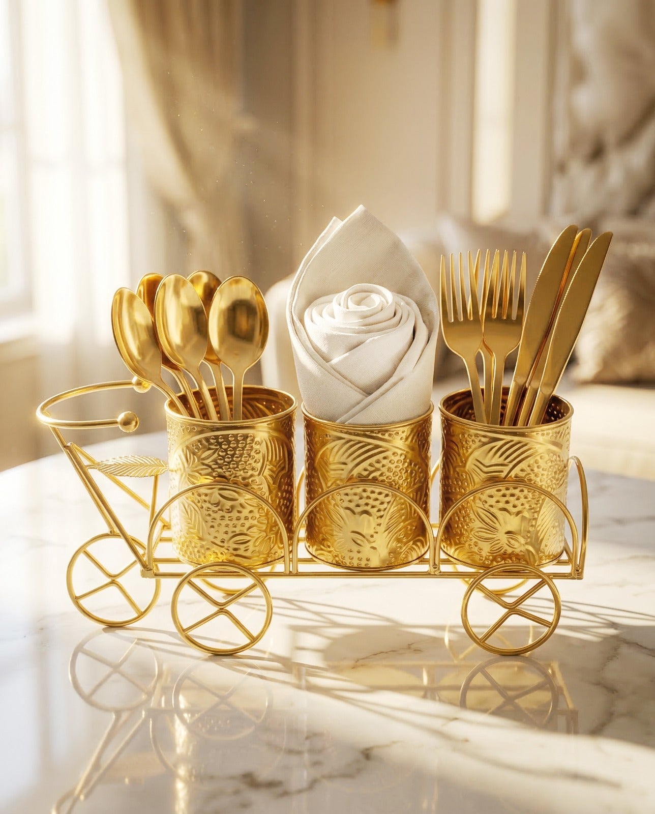 Luxury Gold Metal Cutlery & Napkin Holder | 3-Compartment Designer Cart Style Organizer with Ornate Detailing | Spoon, Fork, Knife & Tissue Stand for Dining Table & Kitchen Décor