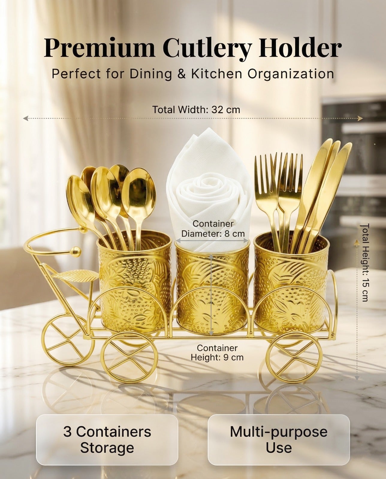 Luxury Gold Metal Cutlery & Napkin Holder | 3-Compartment Designer Cart Style Organizer with Ornate Detailing | Spoon, Fork, Knife & Tissue Stand for Dining Table & Kitchen Décor
