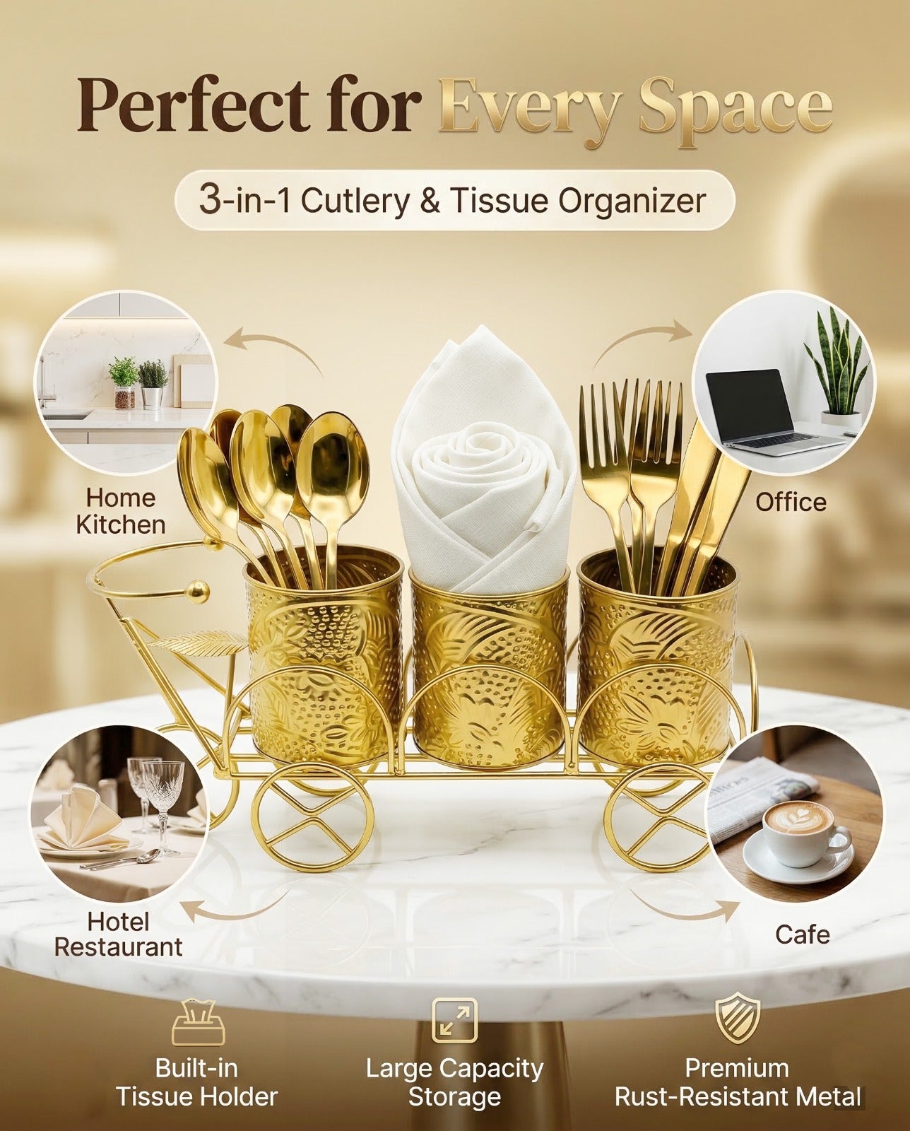 Luxury Gold Metal Cutlery & Napkin Holder | 3-Compartment Designer Cart Style Organizer with Ornate Detailing | Spoon, Fork, Knife & Tissue Stand for Dining Table & Kitchen Décor
