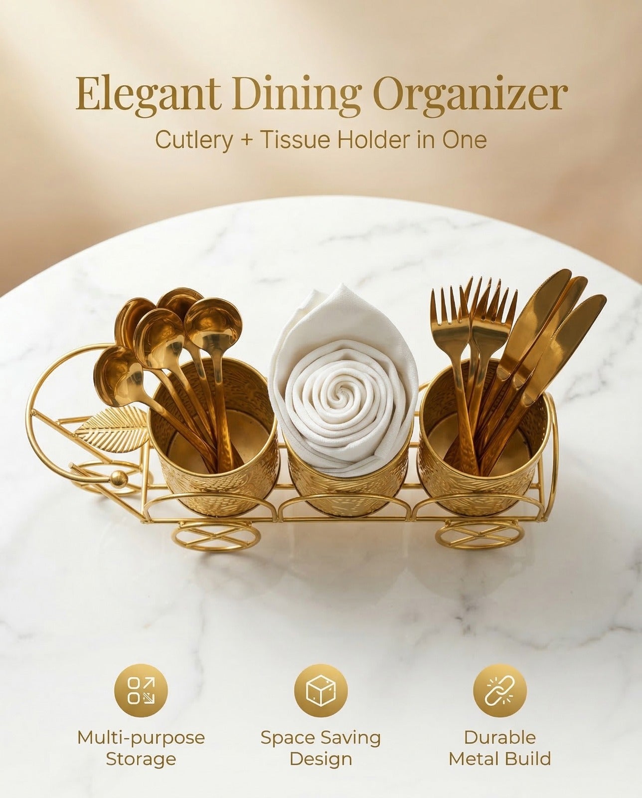 Luxury Gold Metal Cutlery & Napkin Holder | 3-Compartment Designer Cart Style Organizer with Ornate Detailing | Spoon, Fork, Knife & Tissue Stand for Dining Table & Kitchen Décor