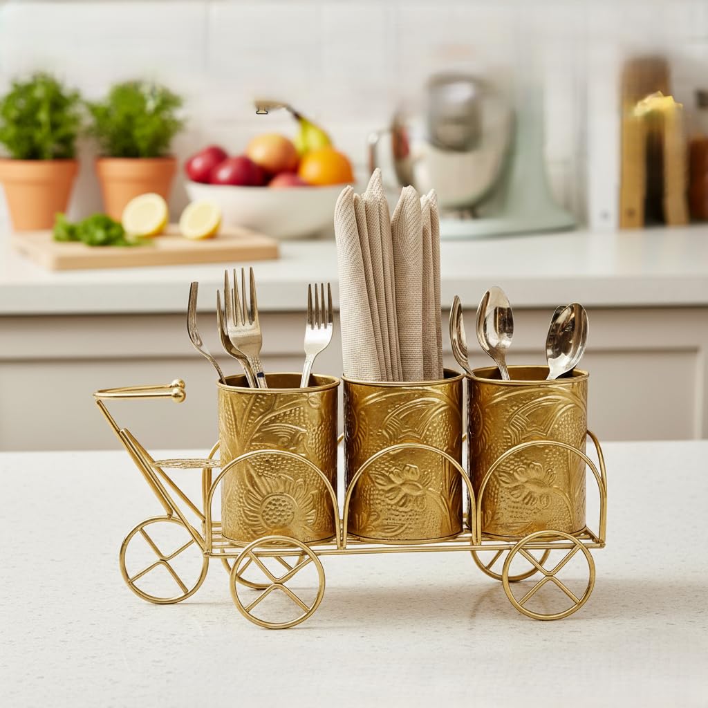 Luxury Gold Metal Cutlery & Napkin Holder | 3-Compartment Designer Cart Style Organizer with Ornate Detailing | Spoon, Fork, Knife & Tissue Stand for Dining Table & Kitchen Décor