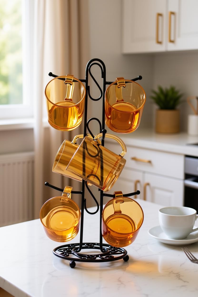 Premium Amber Glass Cup Set with Metal Stand | 6 Pcs Transparent Tea & Coffee Cups (300 ml) | Elegant Glassware with Space-Saving Holder | Durable Designer Drinkware for Home, Kitchen & Gifting