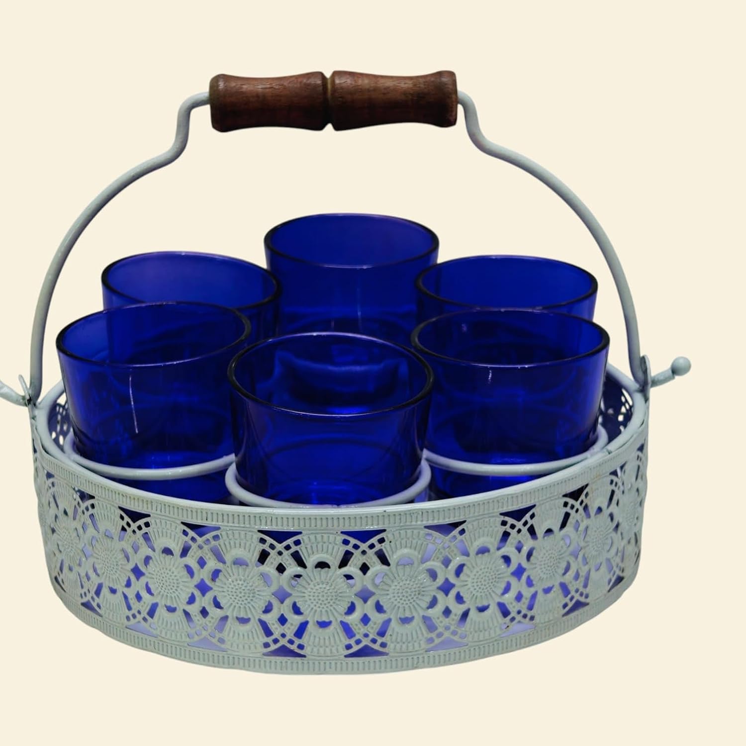 Shot Glasses Set of 6 with Holder | 40 ML Mini Whisky Vodka Shot Glasses with Metal Stand & Wooden Handle | Dhaba Style Serving Set for Home, Bar & Parties