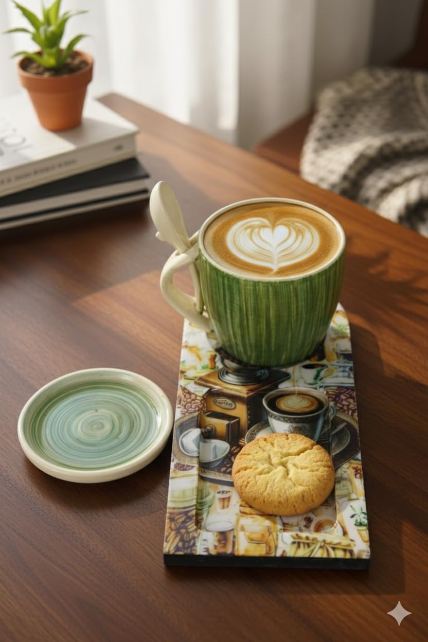 Ceramic Coffee Mug With Snack Tray & Coaster Set | Designer Tea Cup With Spoon Holder | Serving Set For Coffee Tea & Snacks For Home & Gifting