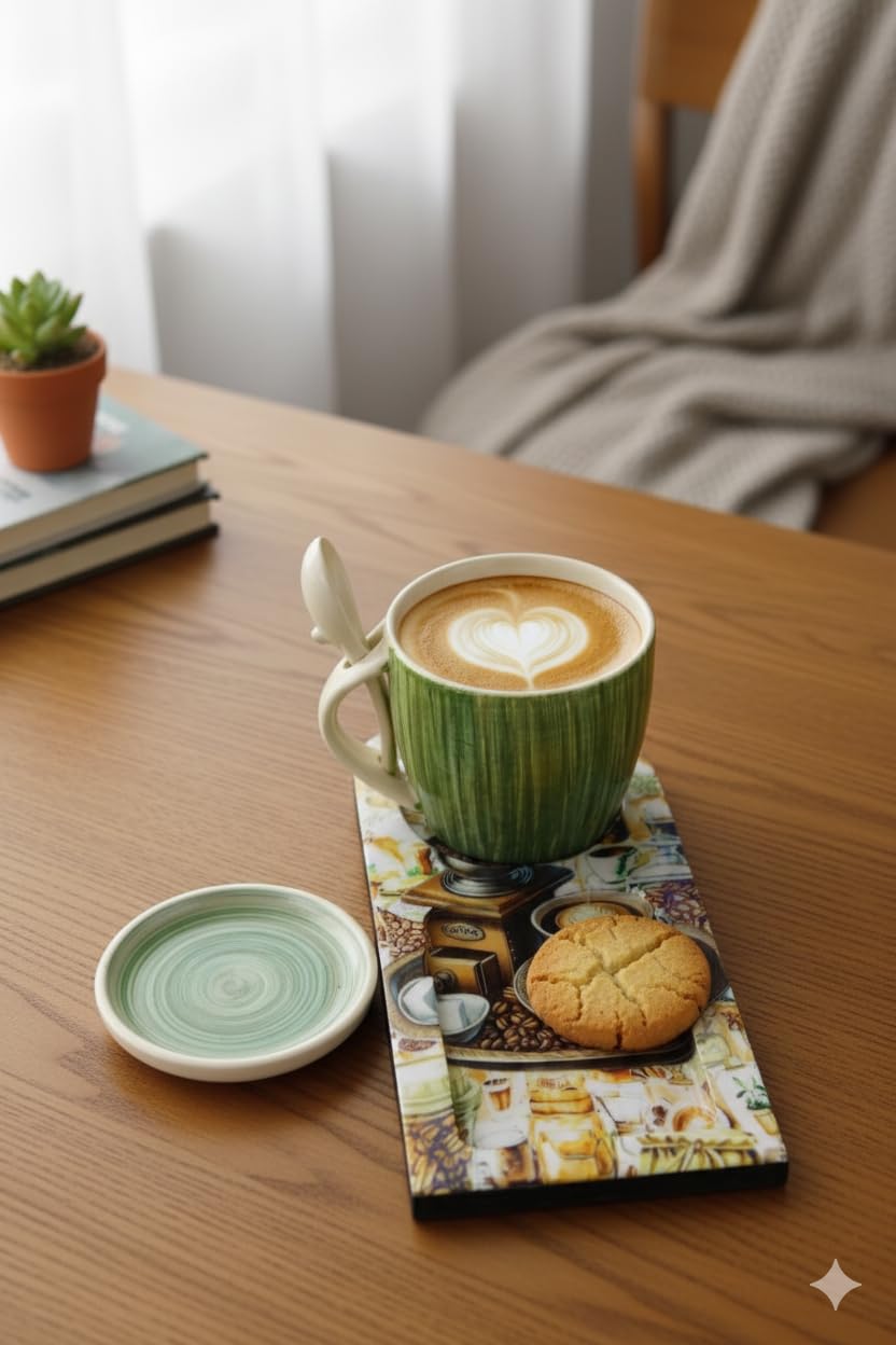 Ceramic Coffee Mug With Snack Tray & Coaster Set | Designer Tea Cup With Spoon Holder | Serving Set For Coffee Tea & Snacks For Home & Gifting