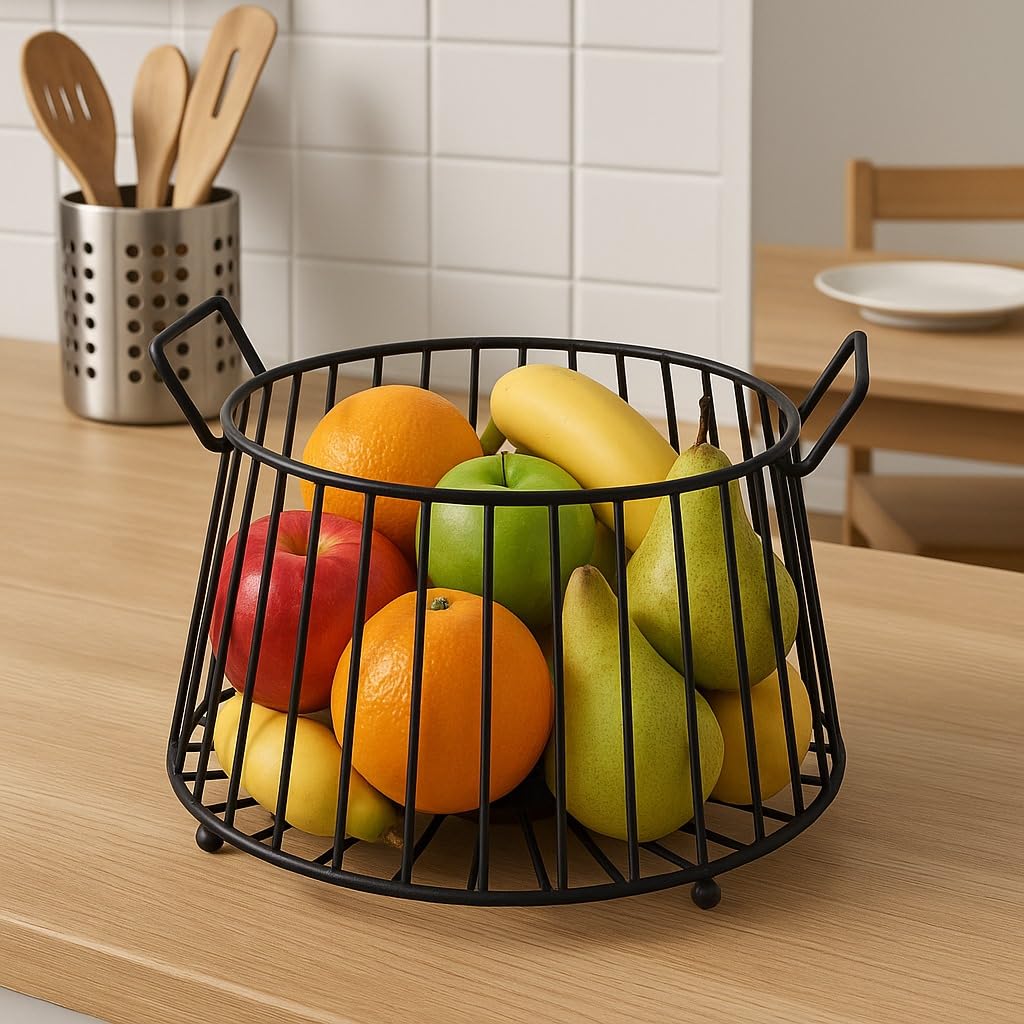 Modern Metal Fruit Basket | Round Wire Storage Basket with Handles | Decorative Kitchen & Dining Table Organizer