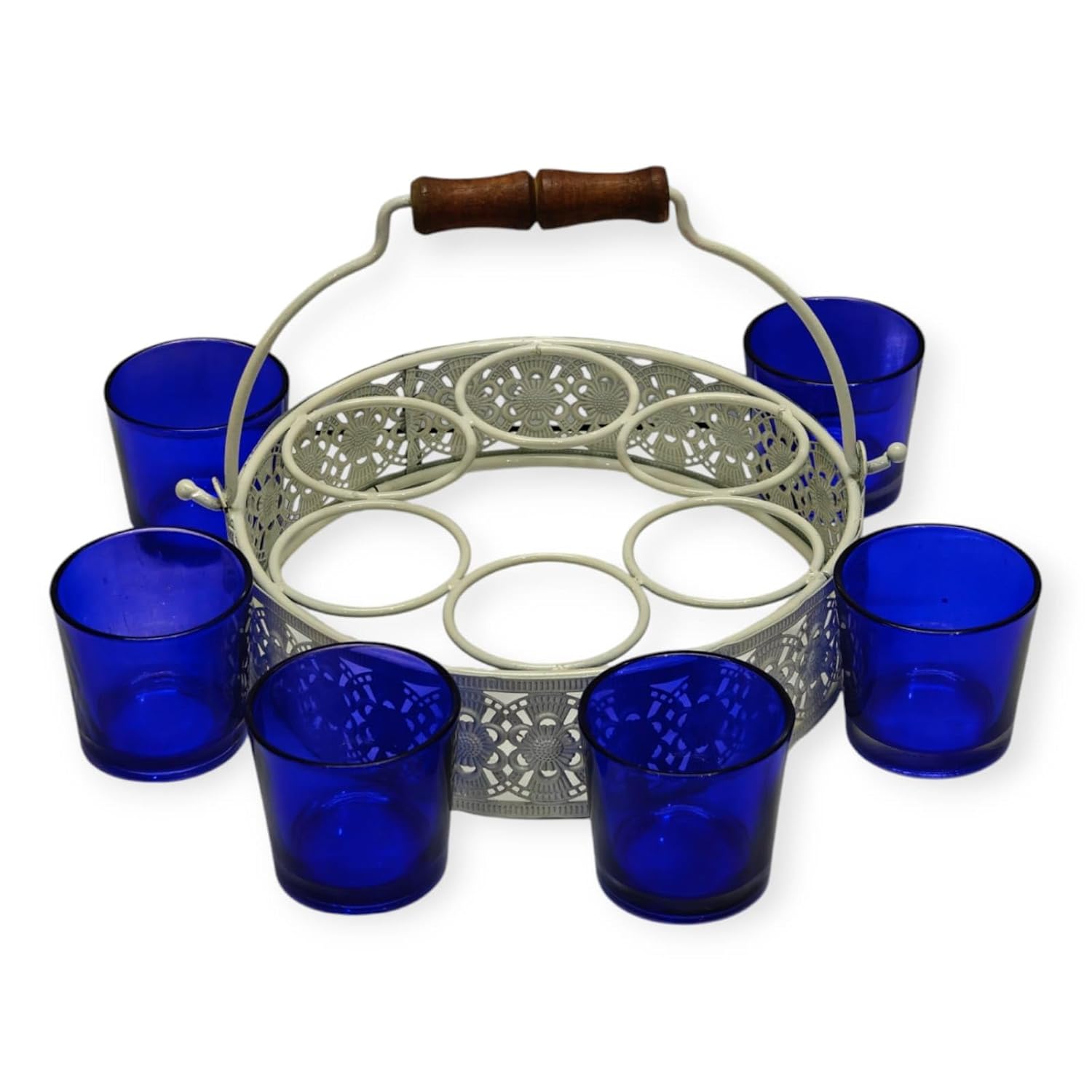 Shot Glasses Set of 6 with Holder | 40 ML Mini Whisky Vodka Shot Glasses with Metal Stand & Wooden Handle | Dhaba Style Serving Set for Home, Bar & Parties
