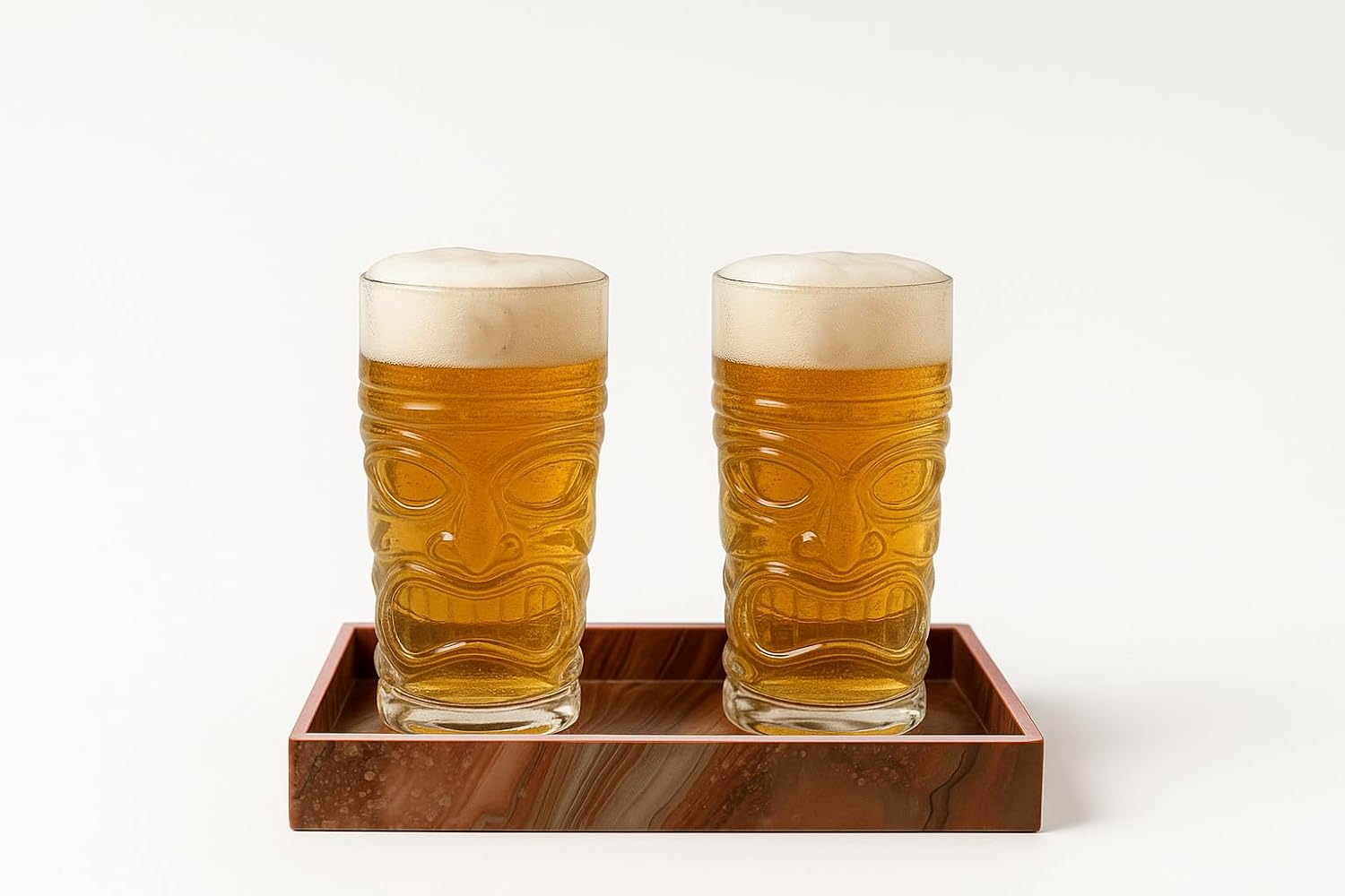 Premium Skull Beer Glass Set with Wooden Tray | 2 x 400ml Designer Skull Glasses with MDF Serving Tray | Stylish Drinkware for Beer, Juice, Cocktails & Home Bar Use