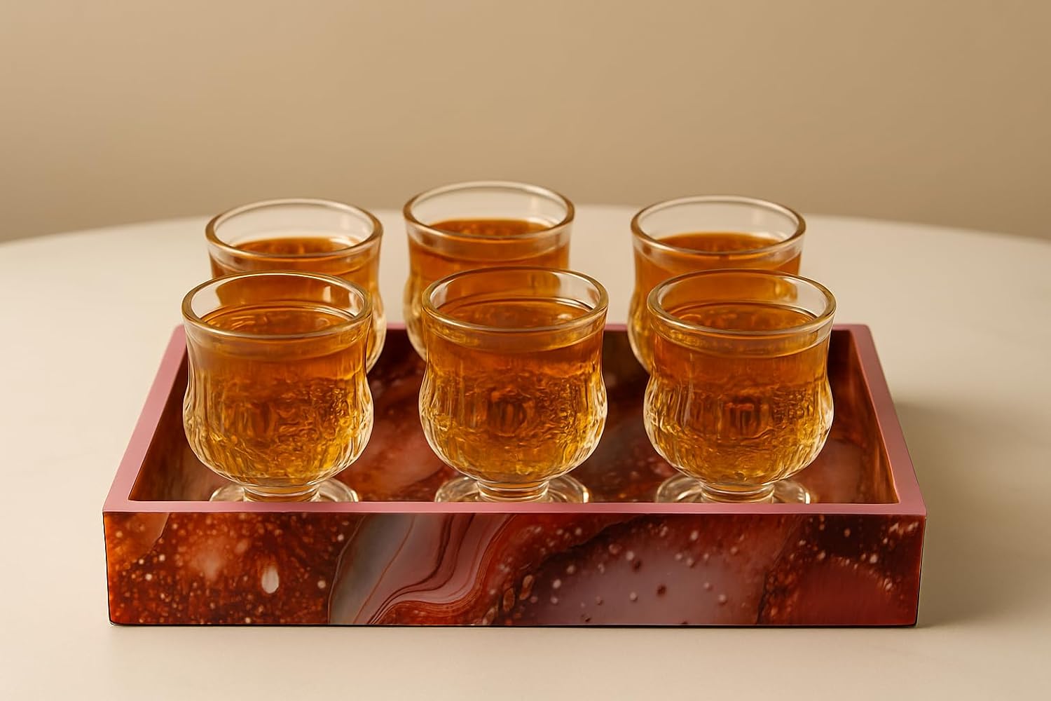 Premium Shot Glass Set Of 6 With MDF Resin Tray | Clear Designer Liqueur Glasses For Vodka, Whiskey, Tequila & Cocktails | Barware Set For Home & Parties