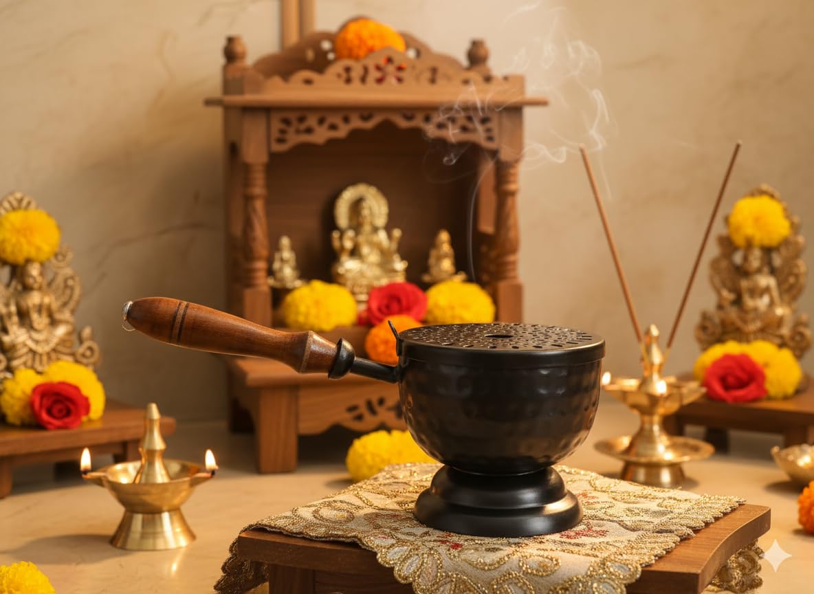 Metal Loban Incense Burner with Wooden Handle | Perforated Lid Dhoop Dani Dhuni Sambrani Burner with Charcoal Holder