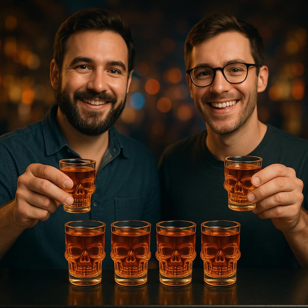 Skull Shot Glass Set Of 6 With MDF Resin Tray | 50ml Clear Skull Design Glasses For Vodka, Whiskey, Tequila & Cocktails | Barware Set For Parties & Gifting