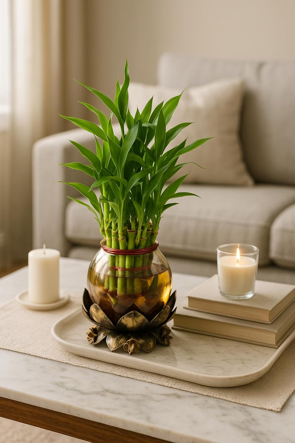 Lucky Bamboo Plant with Lotus Metal Base & Glass Vase | Decorative Indoor Planter for Home & Office Décor