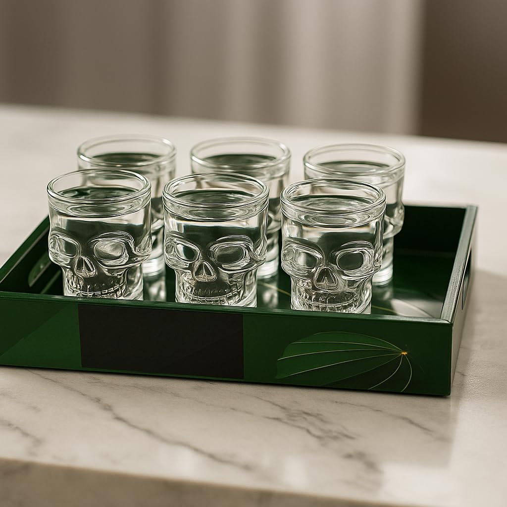 Skull Shot Glass Set Of 6 With MDF Resin Tray | 50ml Clear Skull Design Glasses For Vodka, Whiskey, Tequila & Cocktails | Barware Set For Parties & Gifting