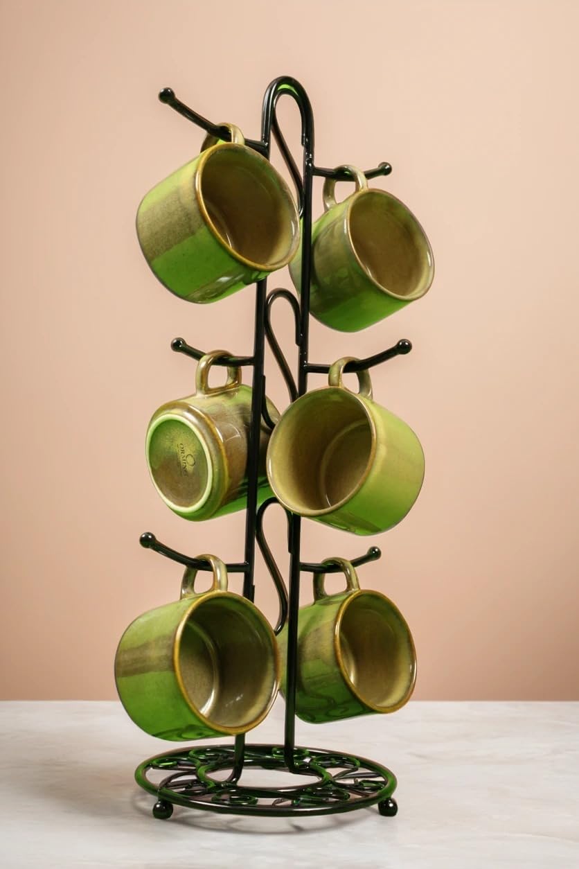 Premium Green Ceramic Cup Set with Metal Stand | 6 Pcs Tea & Coffee Mugs | Elegant Glossy Finish Drinkware with Space-Saving Holder | Durable Kitchen & Gifting Mug Set