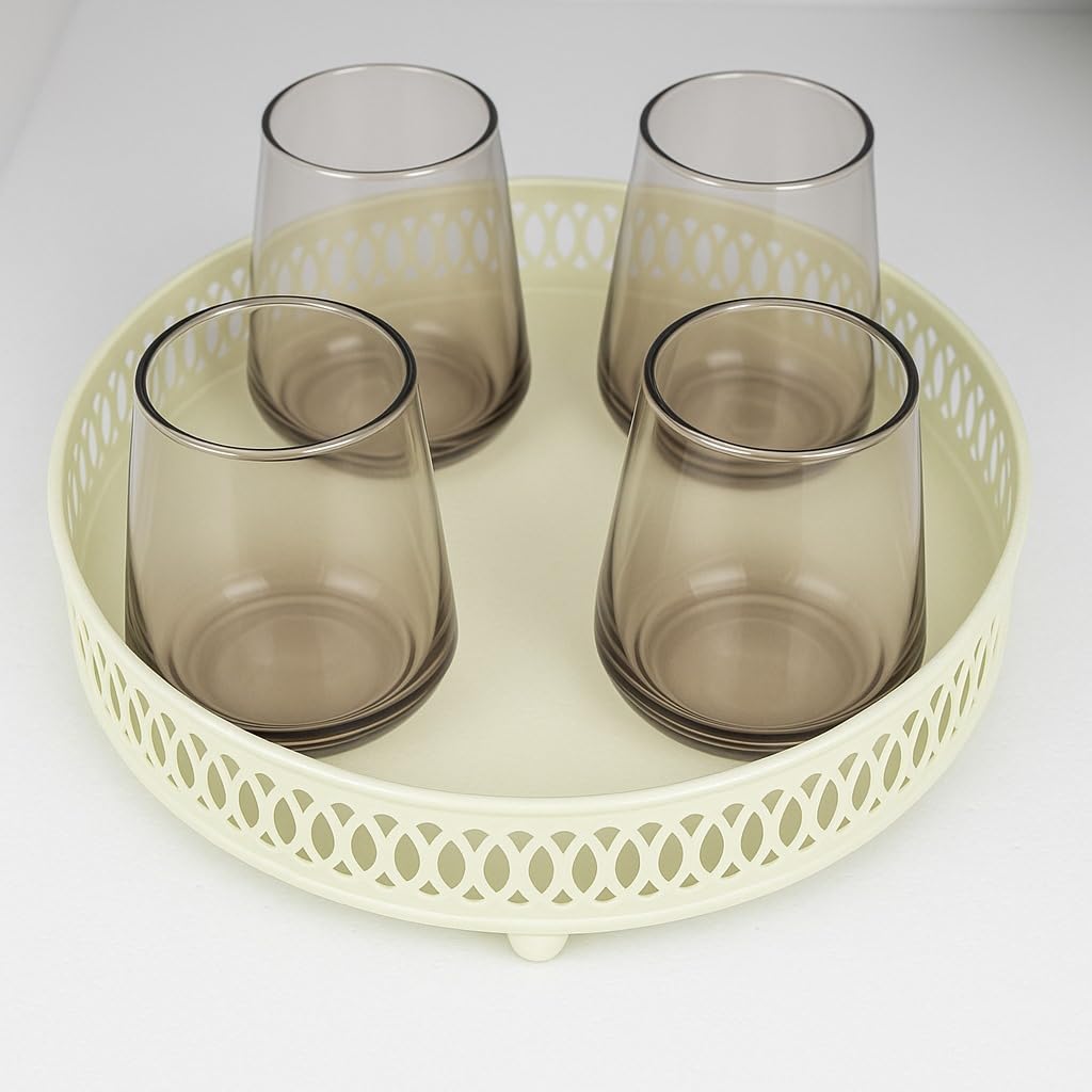 Set Of 4 Wine Glasses With Ivory Metal Tray | Premium Whisky Liqueur Glass Set With Serving Tray For Home Bar, Parties & Gifting
