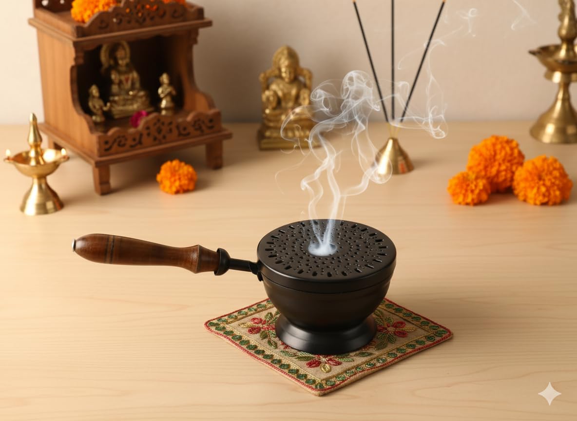 Metal Loban Incense Burner with Wooden Handle | Perforated Lid Dhoop Dani Dhuni Sambrani Burner with Charcoal Holder