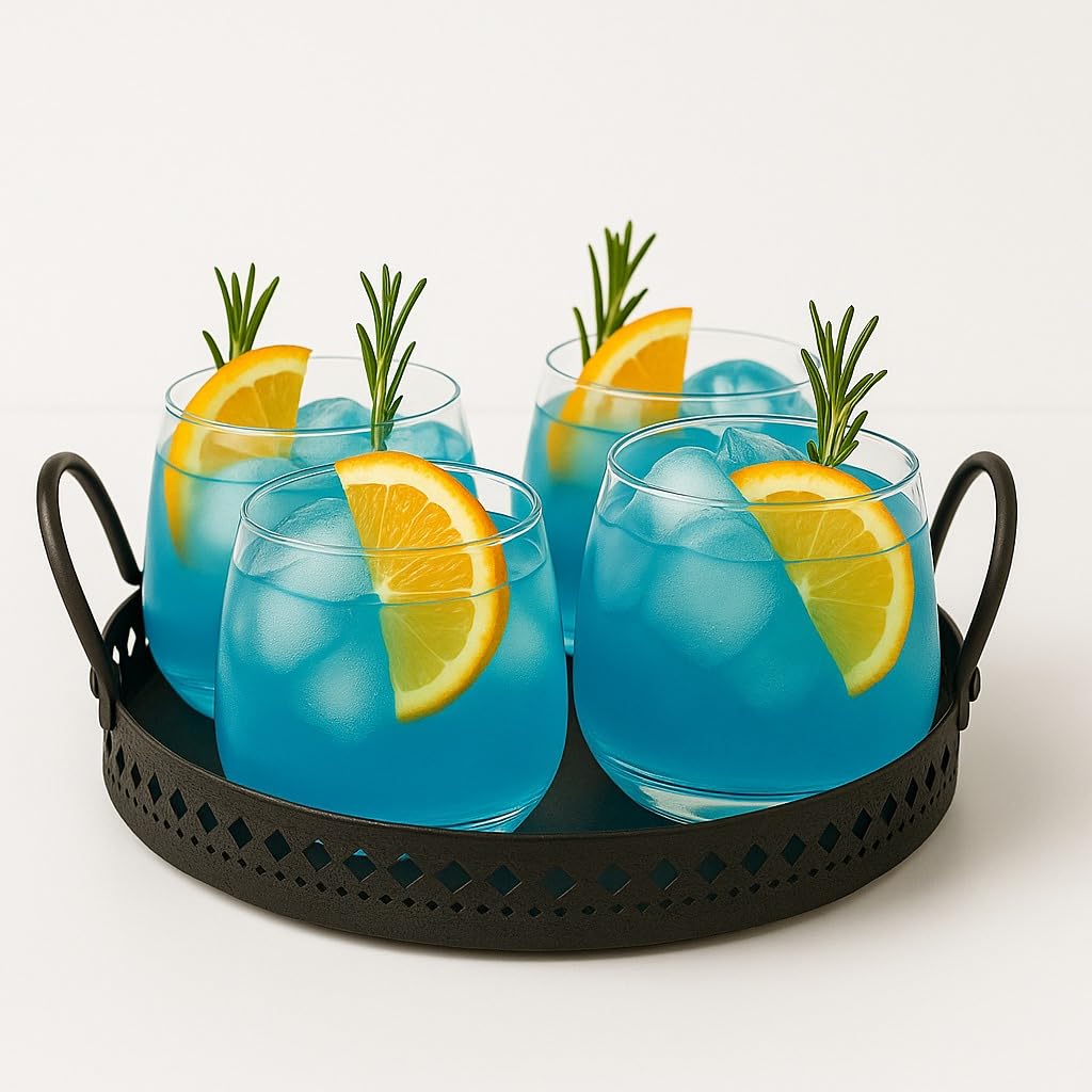 Premium Glass Drinkware Set with Metal Serving Tray | Set of 4 Whisky, Cocktail & Juice Glasses with Iron Stand | Elegant Beverage Serving Set for Home Bar, Parties & Dining