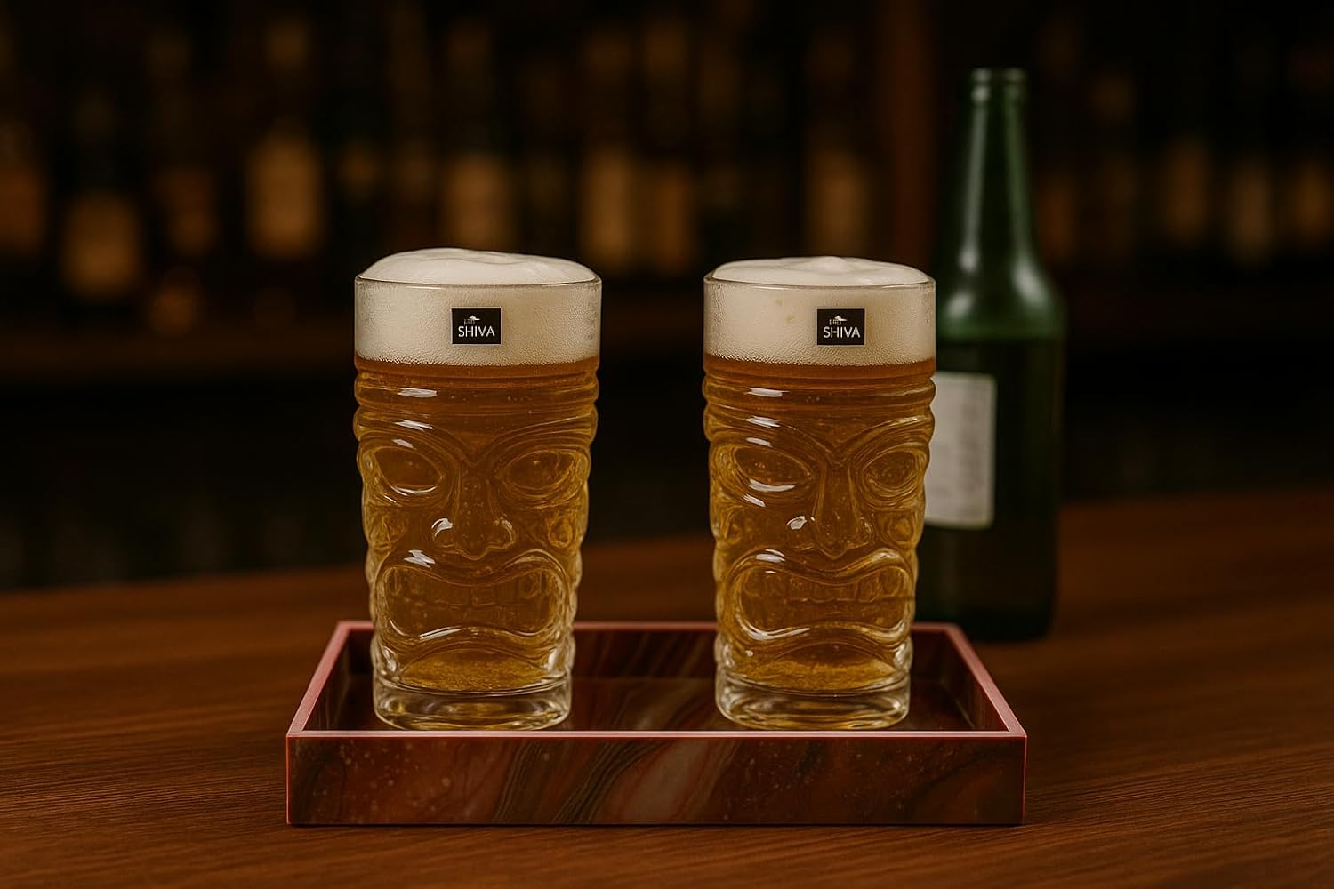 Premium Skull Beer Glass Set with Wooden Tray | 2 x 400ml Designer Skull Glasses with MDF Serving Tray | Stylish Drinkware for Beer, Juice, Cocktails & Home Bar Use