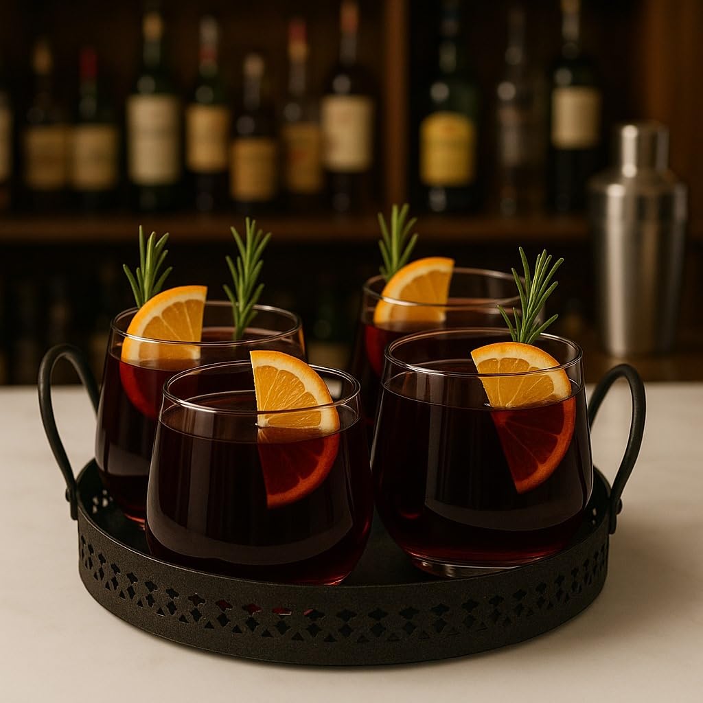 Premium Glass Drinkware Set with Metal Serving Tray | Set of 4 Whisky, Cocktail & Juice Glasses with Iron Stand | Elegant Beverage Serving Set for Home Bar, Parties & Dining