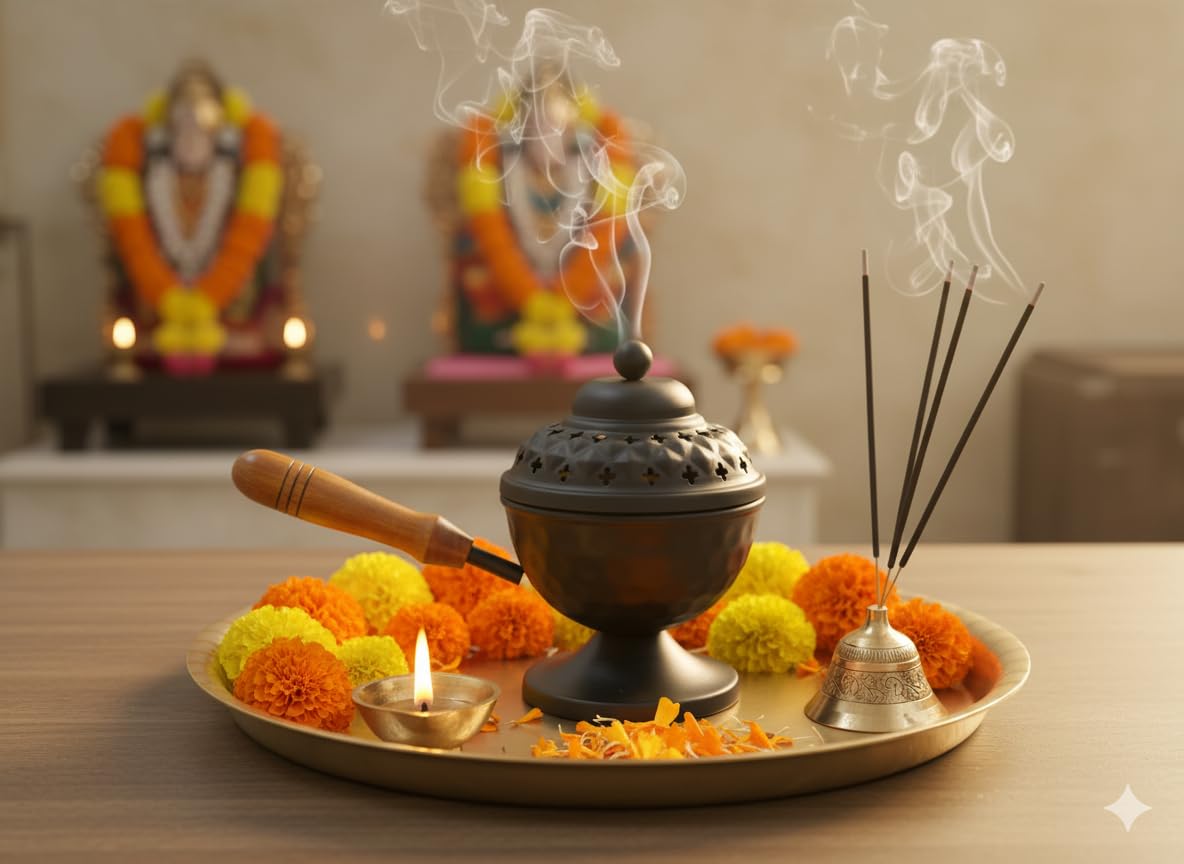 Metal Loban Incense Burner with Wooden Handle | Dhoop Dani Dhuni Sambrani Bakhoor Burner | Handheld Incense Holder for Home & Temple