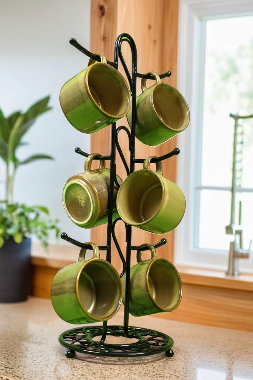 Premium Green Ceramic Cup Set with Metal Stand | 6 Pcs Tea & Coffee Mugs | Elegant Glossy Finish Drinkware with Space-Saving Holder | Durable Kitchen & Gifting Mug Set