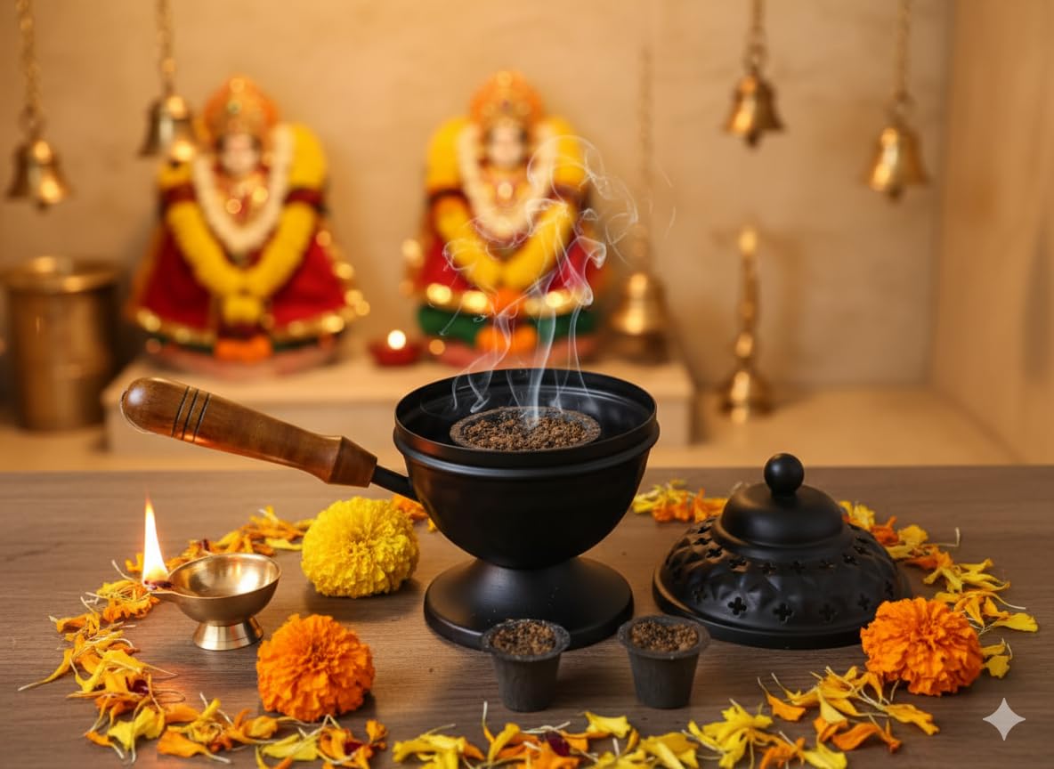 Metal Loban Incense Burner with Wooden Handle | Dhoop Dani Dhuni Sambrani Bakhoor Burner | Handheld Incense Holder for Home & Temple
