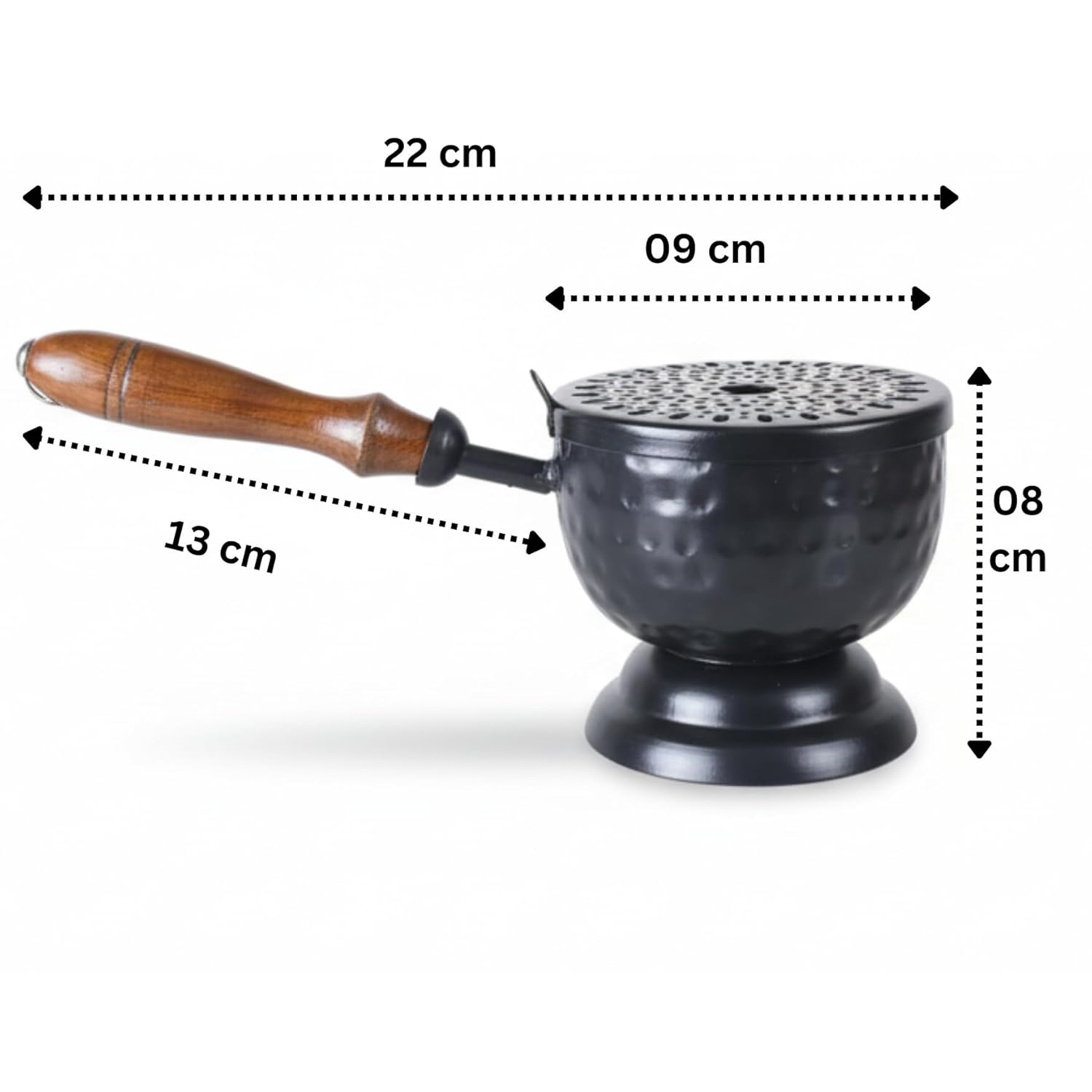 Metal Loban Incense Burner with Wooden Handle | Perforated Lid Dhoop Dani Dhuni Sambrani Burner with Charcoal Holder