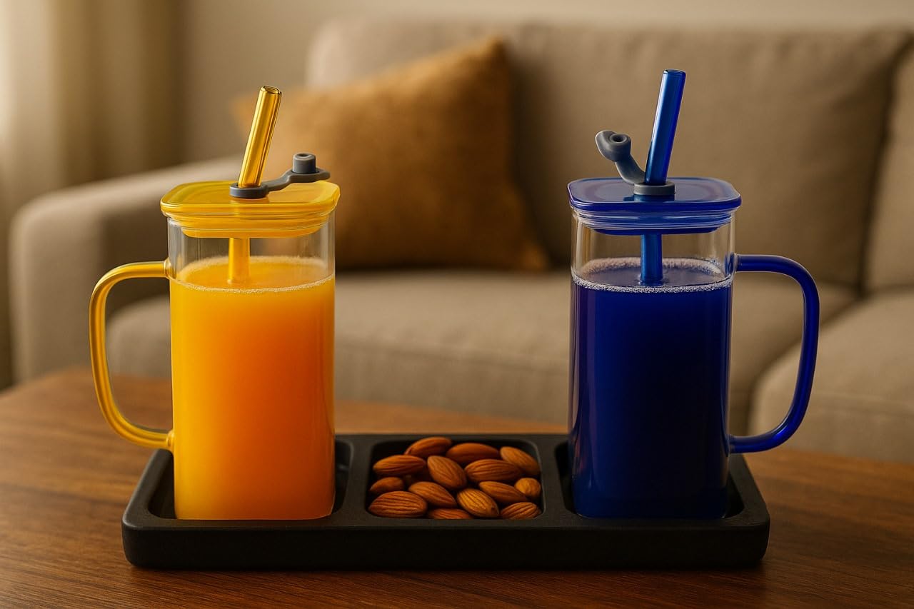 Double Wall Juice Glass Set Of 2 With Lid & Straw With MDF Serving Tray | Square Transparent Drink Glasses For Juice Water Cold Coffee Smoothies