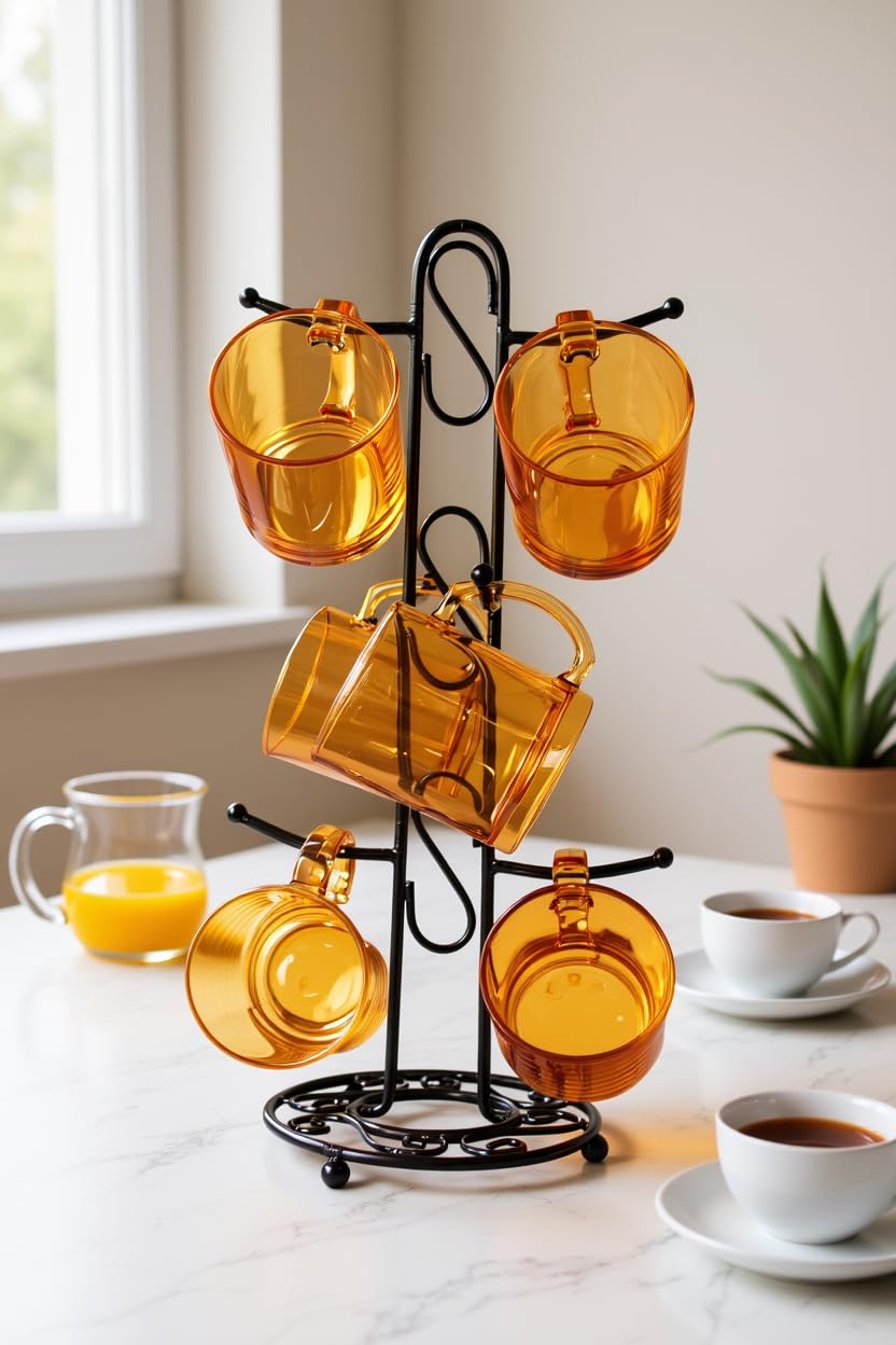 Premium Amber Glass Cup Set with Metal Stand | 6 Pcs Transparent Tea & Coffee Cups (300 ml) | Elegant Glassware with Space-Saving Holder | Durable Designer Drinkware for Home, Kitchen & Gifting