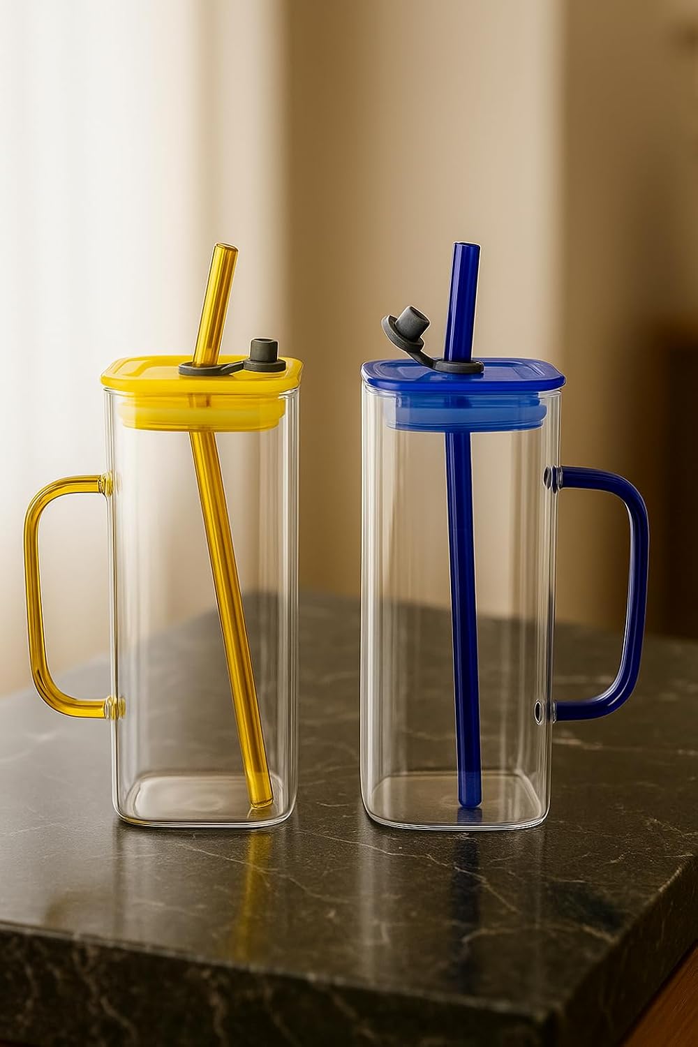 Double Wall Juice Glass Set Of 2 With Lid & Straw With MDF Serving Tray | Square Transparent Drink Glasses For Juice Water Cold Coffee Smoothies