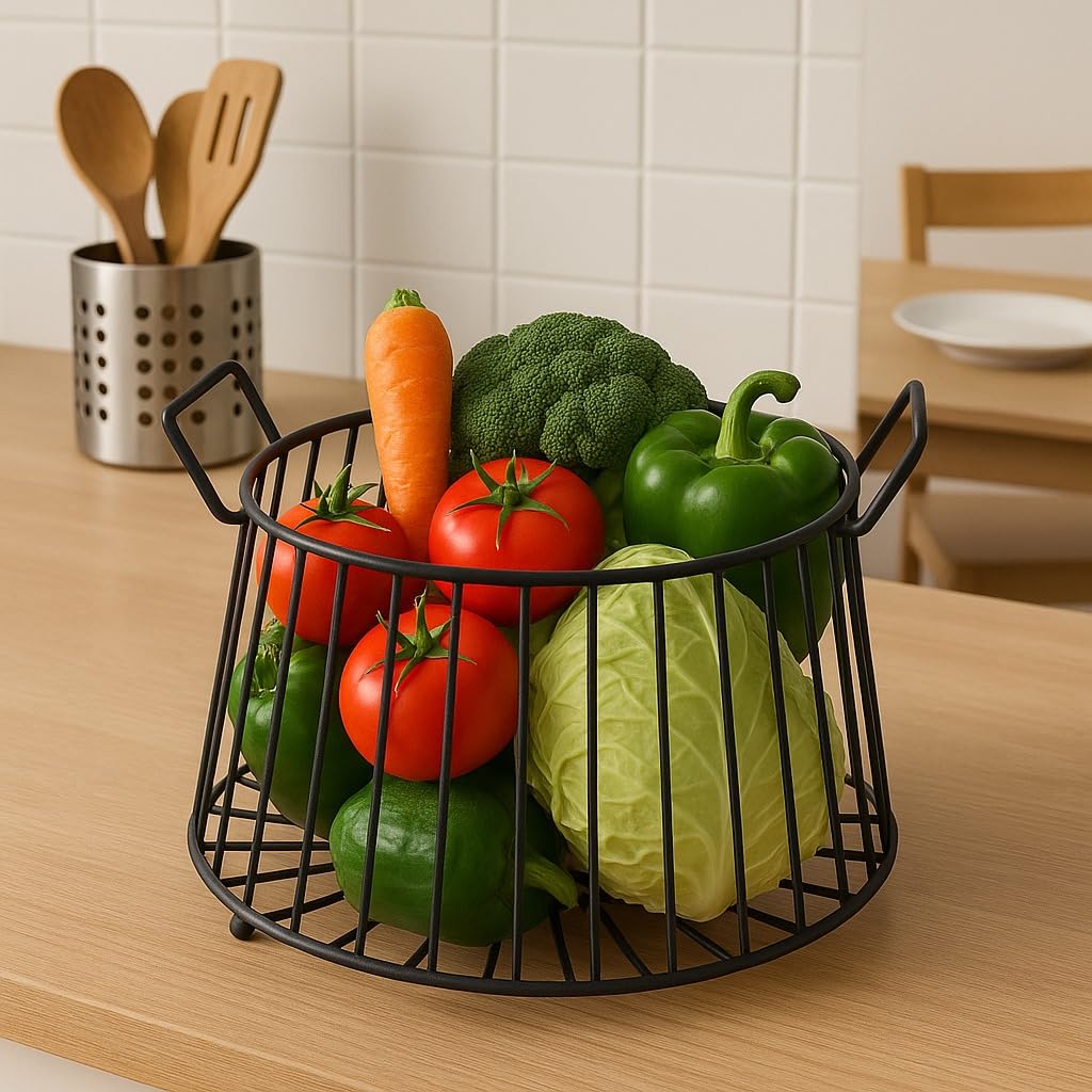 Modern Metal Fruit Basket | Round Wire Storage Basket with Handles | Decorative Kitchen & Dining Table Organizer